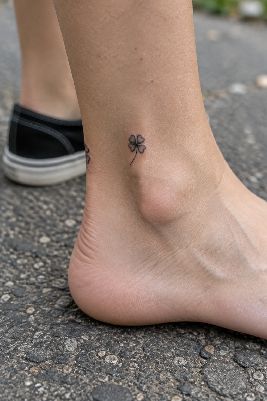 Bare ankle with four-leaf clover tattoo beside black sneaker on gray pavement.