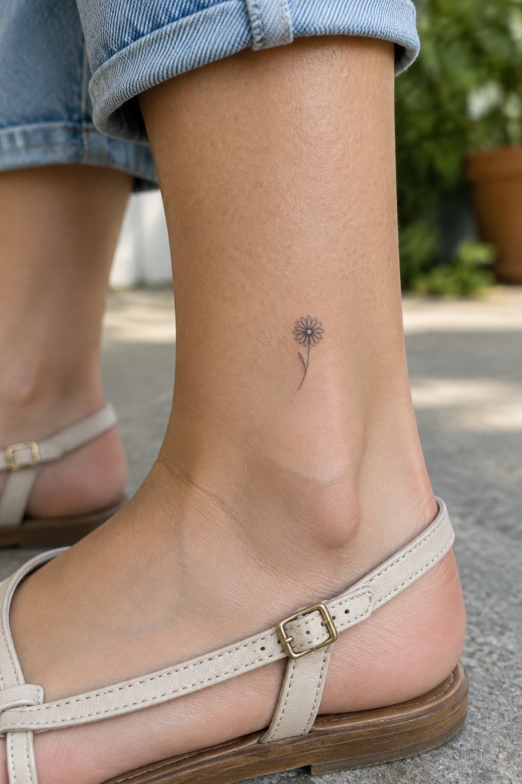 Daisy tattoo on ankle above beige sandal and cuffed blue jeans.