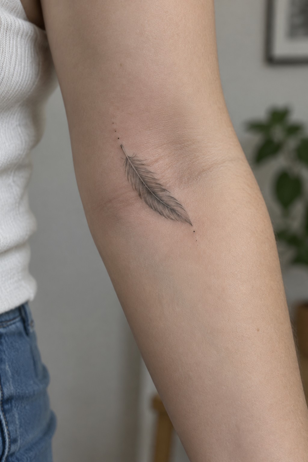Small fine line feather tattoo on the inner arm with light shading and minimal dot accents.
