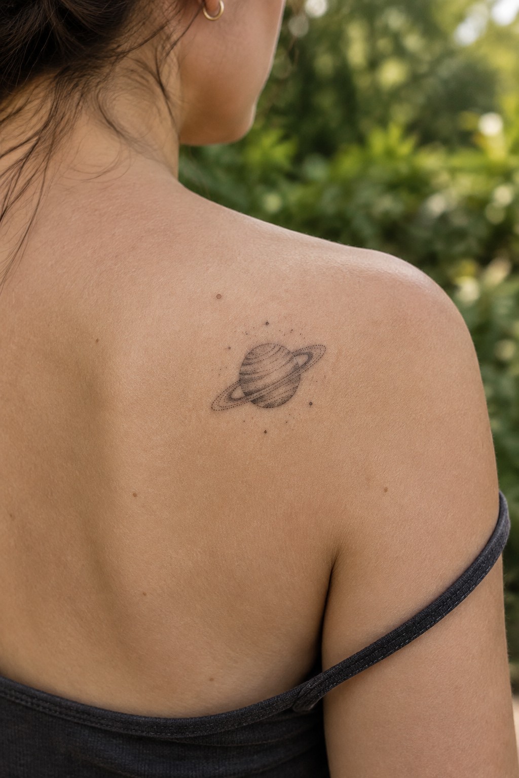 Small fine line saturn tattoo with rings and scattered dots on a woman's upper shoulder