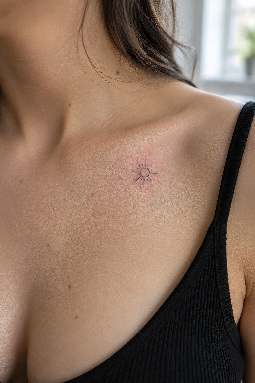 Small sun tattoo on fair-skinned collarbone above black ribbed tank top