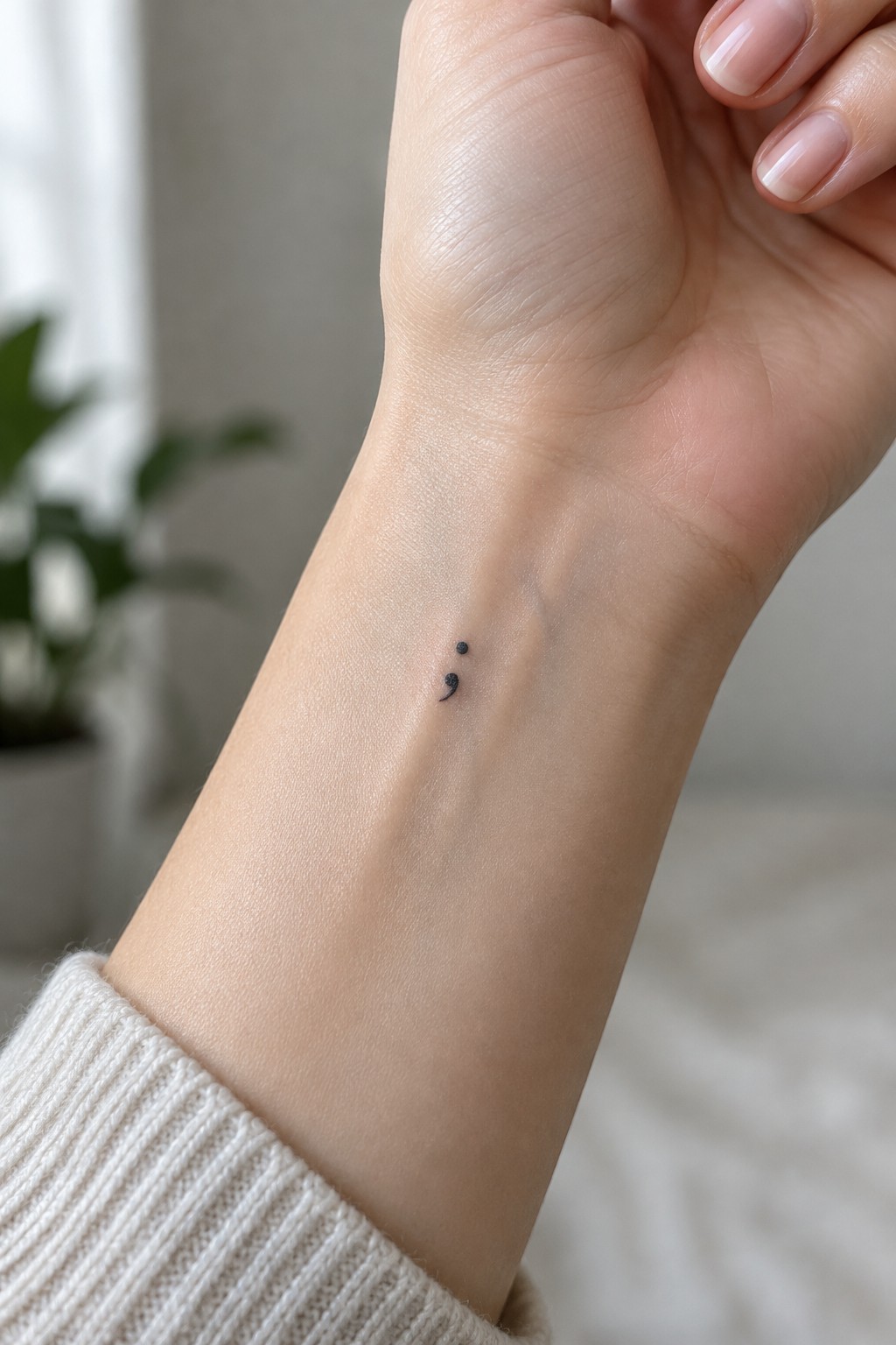 Small semicolon tattoo on inner wrist above white knitted sweater cuff