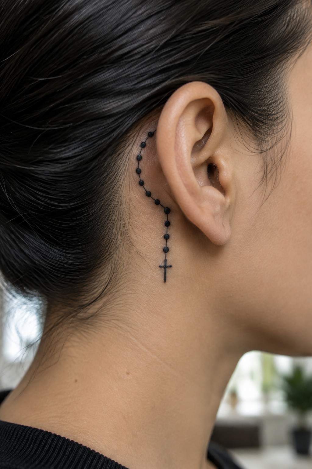 Black rosary bead tattoo with cross behind ear on neck