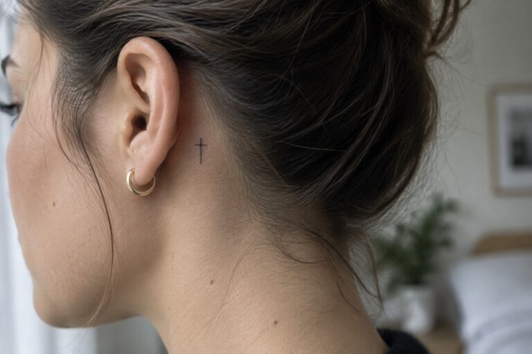 22 Small Religious Tattoos for Women Featuring Behind-the-Ear Designs Small black cross tattoo placed behind the ear on a woman with hair in a bun and a gold hoop earring.