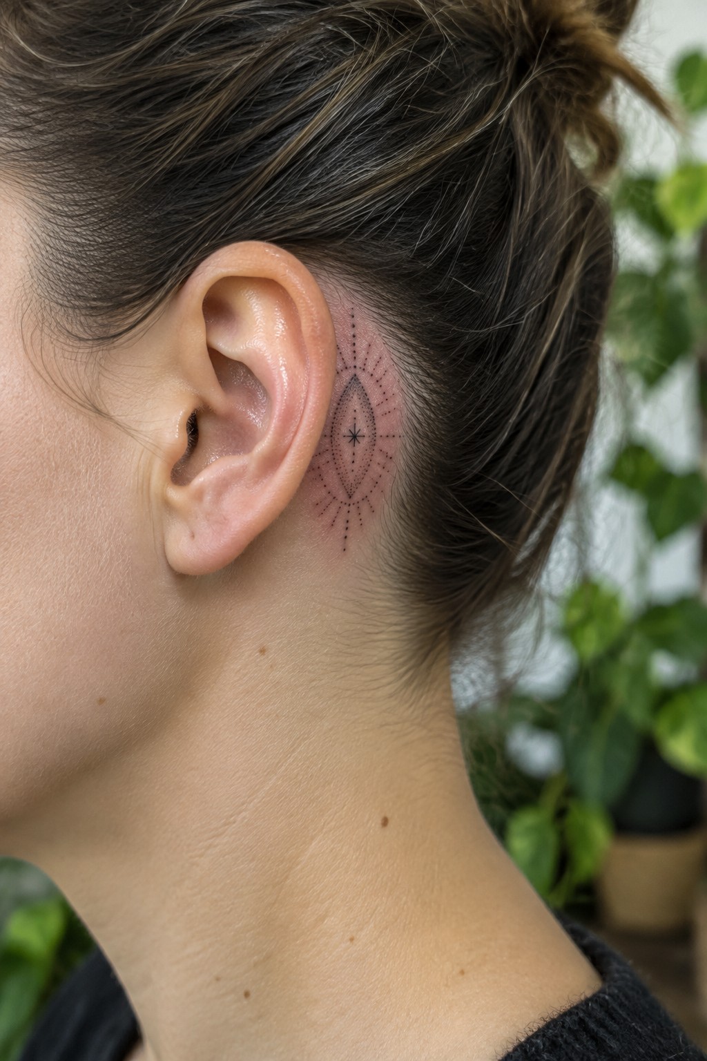 Woman's neck with fresh black geometric tattoo behind ear, hair in bun, black top.