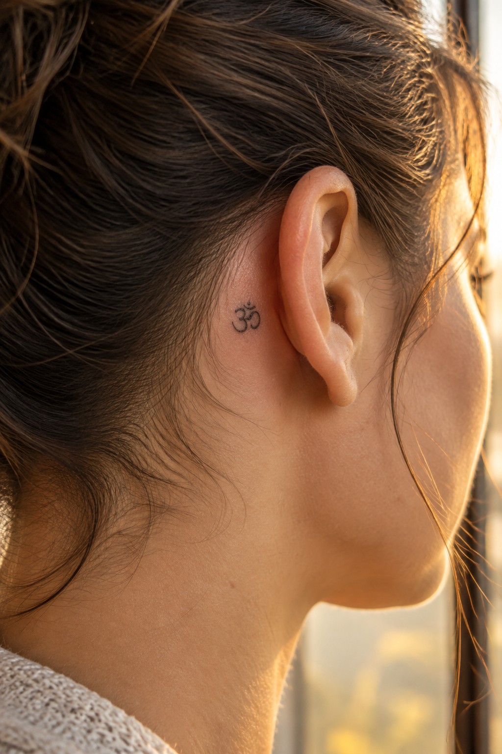 Woman's ear with small Om tattoo, brown hair, knit sweater in warm sunlight