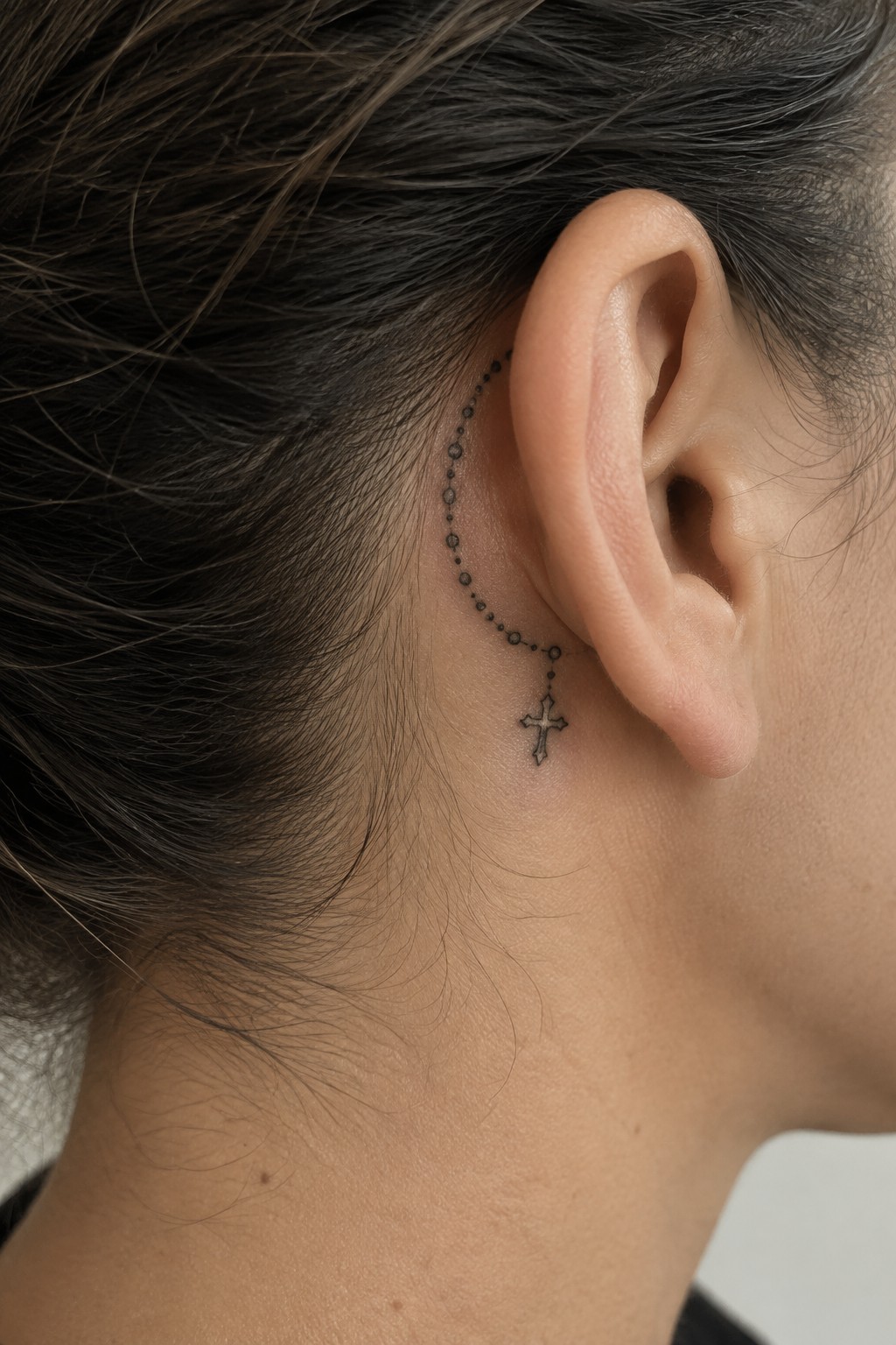 Black rosary bead tattoo curving behind ear with small cross pendant