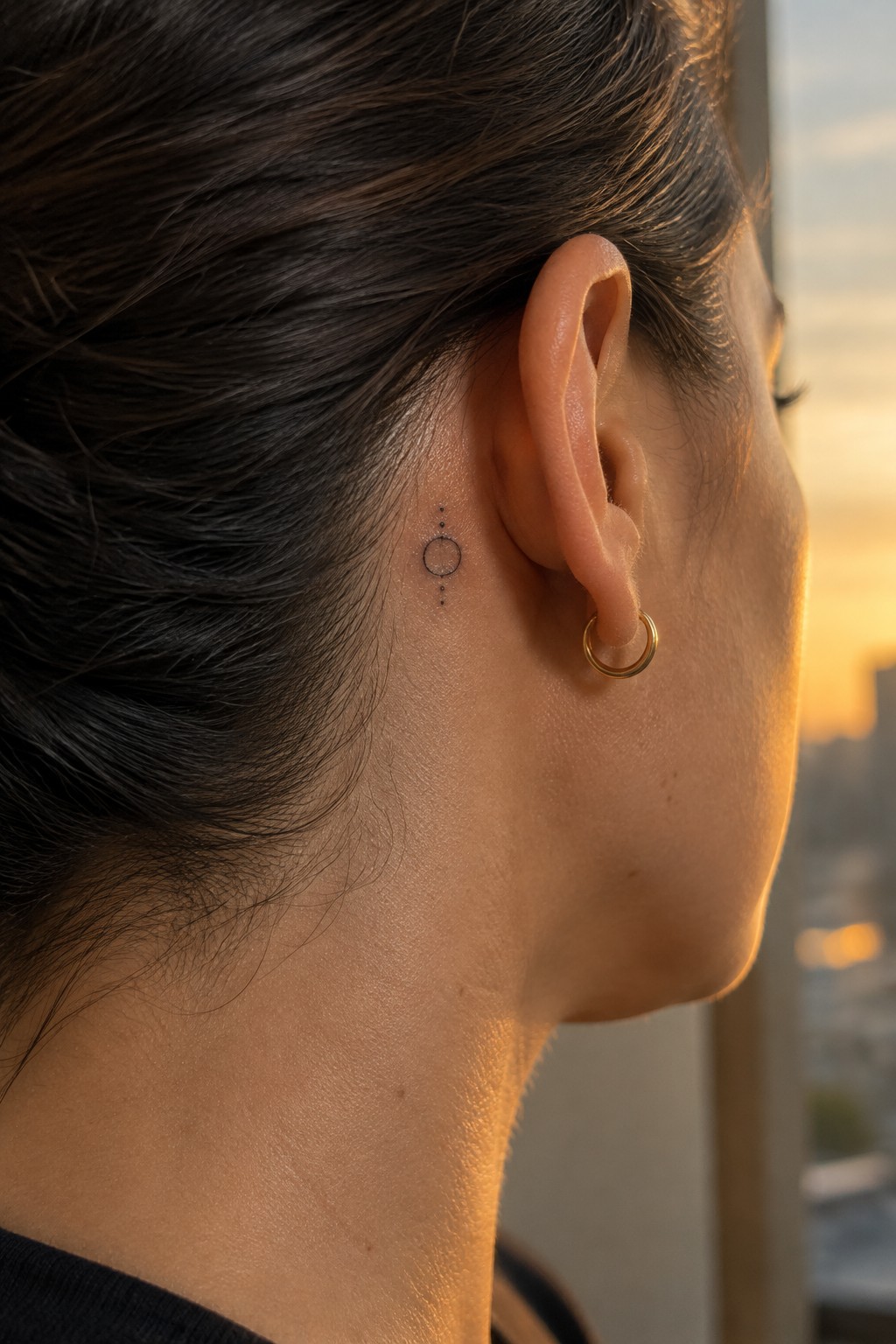 Ear with gold hoop earring and small circular tattoo behind it in sunset light