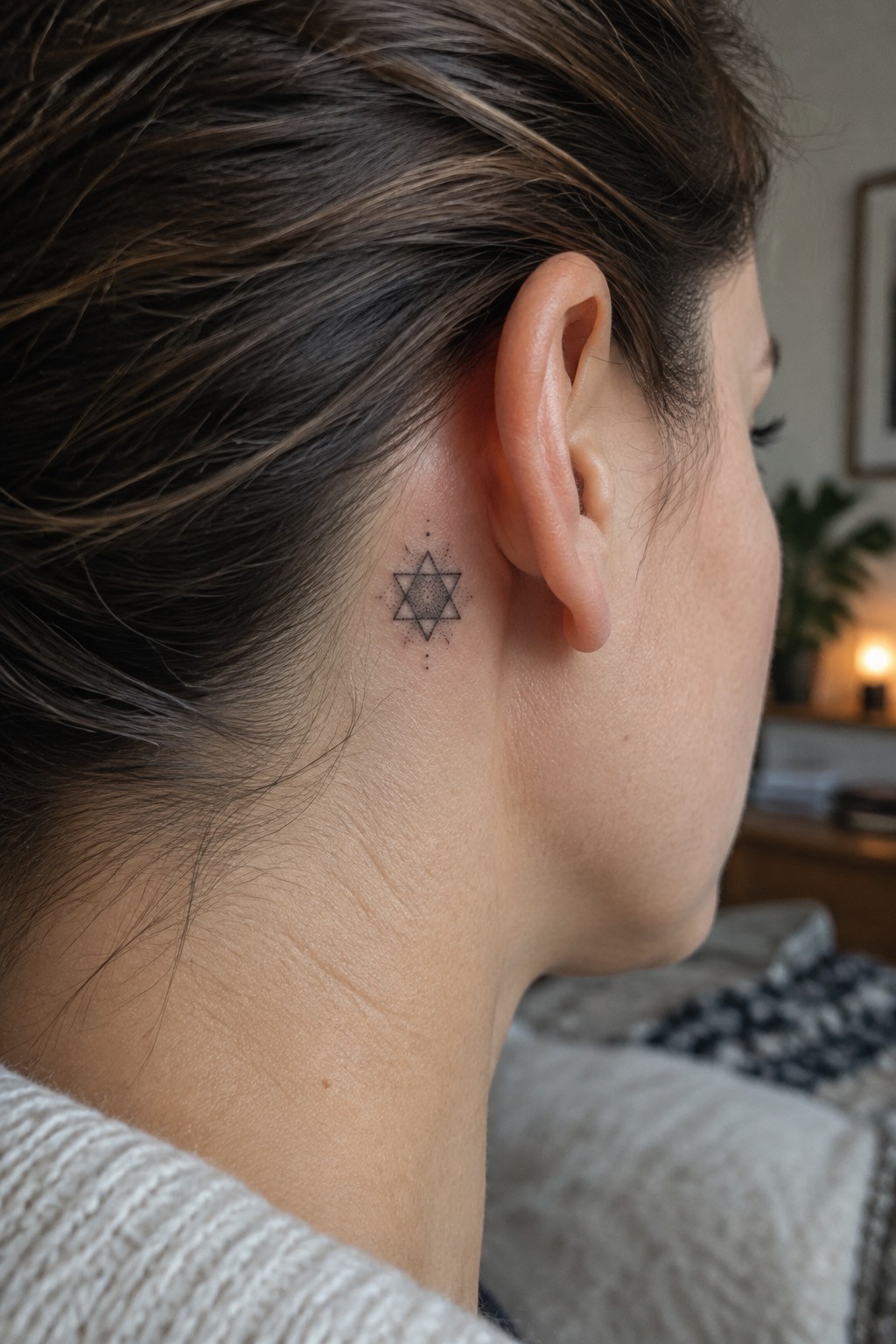Star of David tattoo behind ear on neck, brown hair and light sweater visible