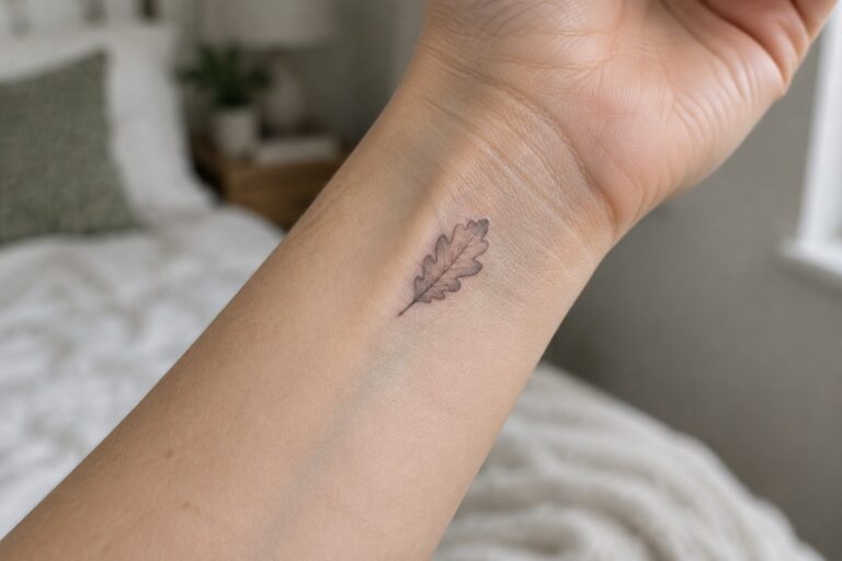 Tiny oak leaf tattoo on inner wrist above beige knit sweater in bedroom