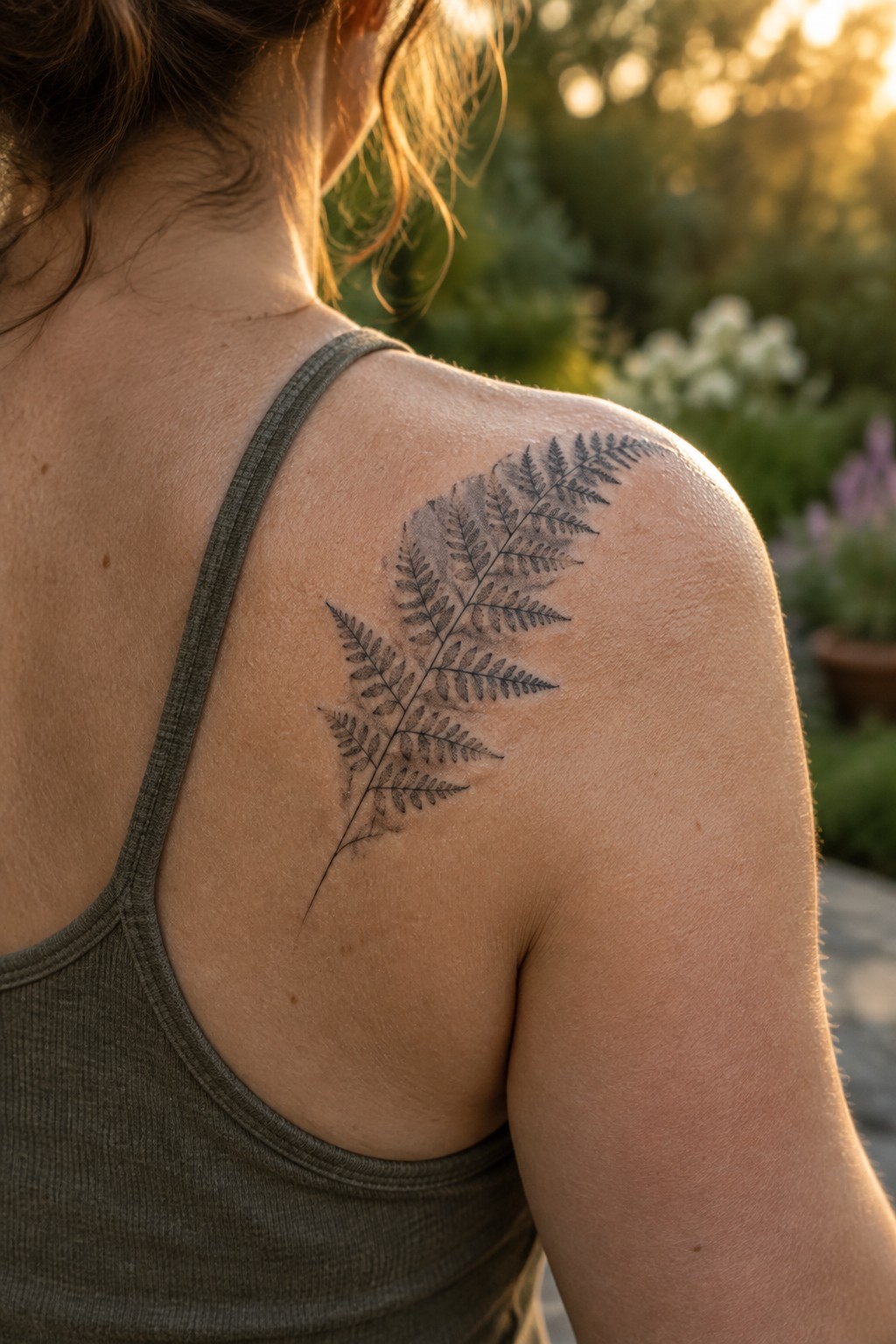 A delicate black fern tattoo on a woman's upper shoulder, viewed from behind in soft outdoor light.