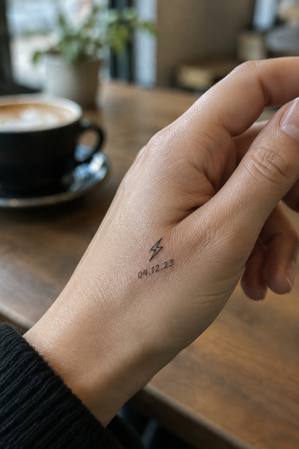 Hand with lightning bolt and 04.12.23 tattoos on wooden table beside coffee cup