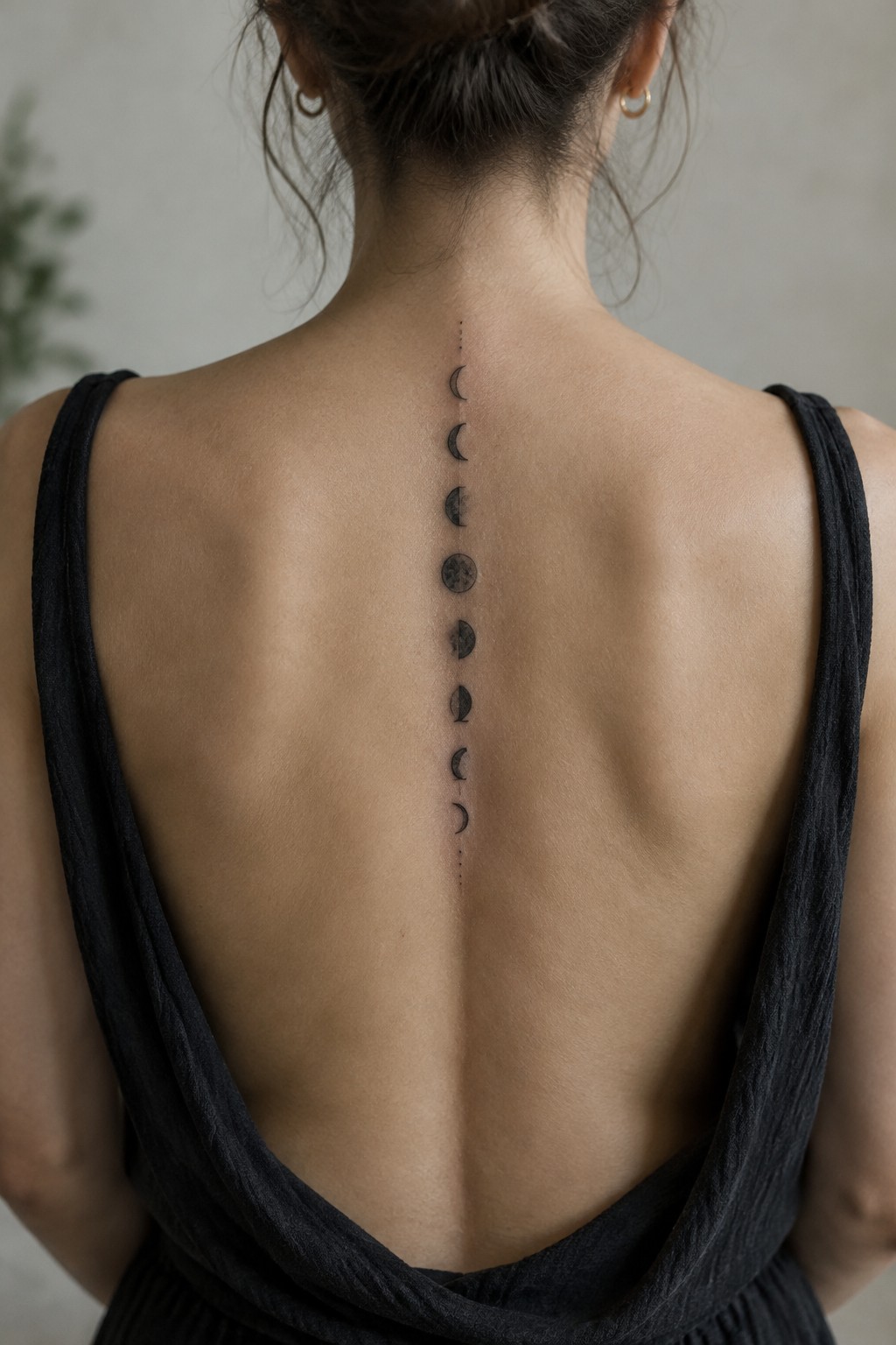 A woman's back with a vertical row of moon phase tattoos running down the spine in black ink.