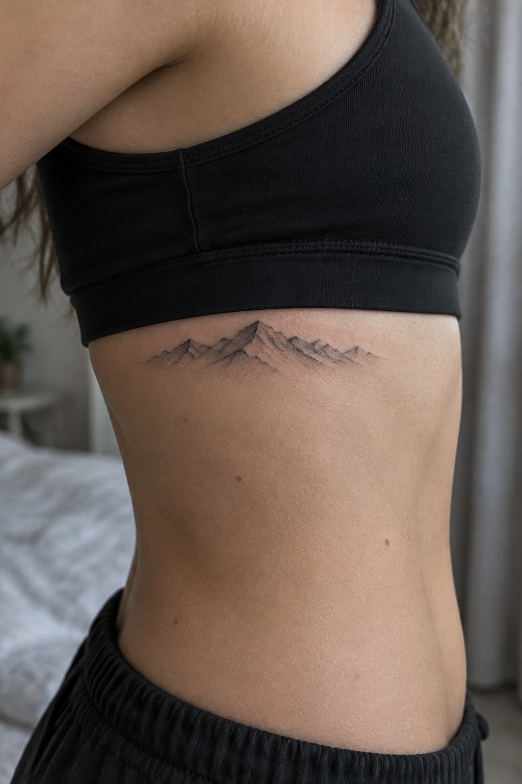 Mountain range tattoo on ribs below black sports bra and waistband