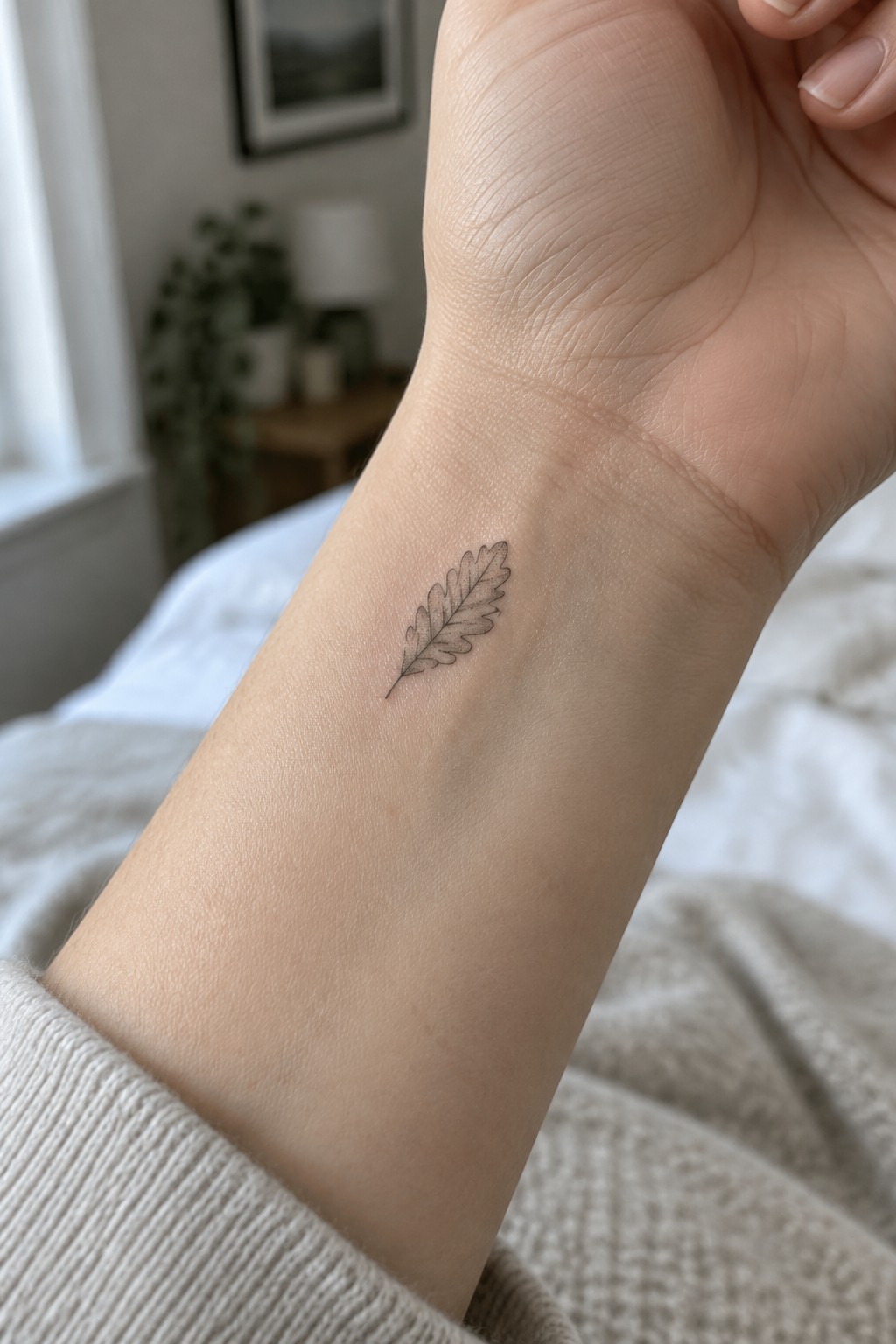 Tiny oak leaf tattoo on inner wrist above beige knit sweater in bedroom