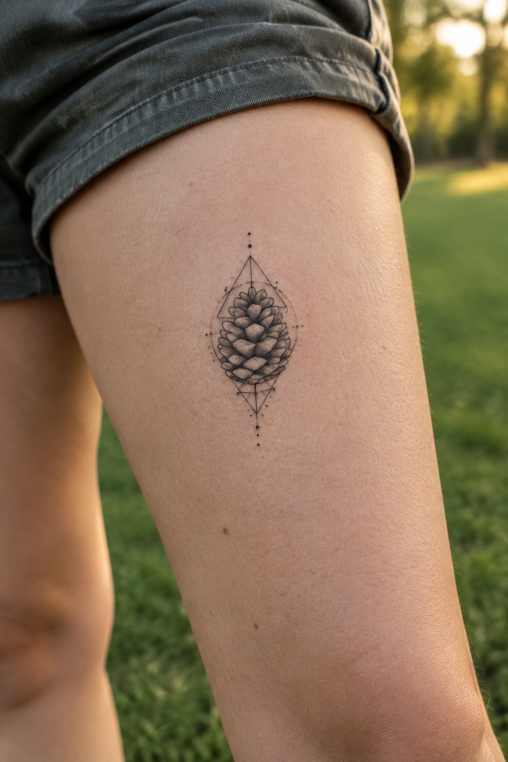 Pinecone tattoo with geometric triangles and dots on thigh below gray denim shorts.