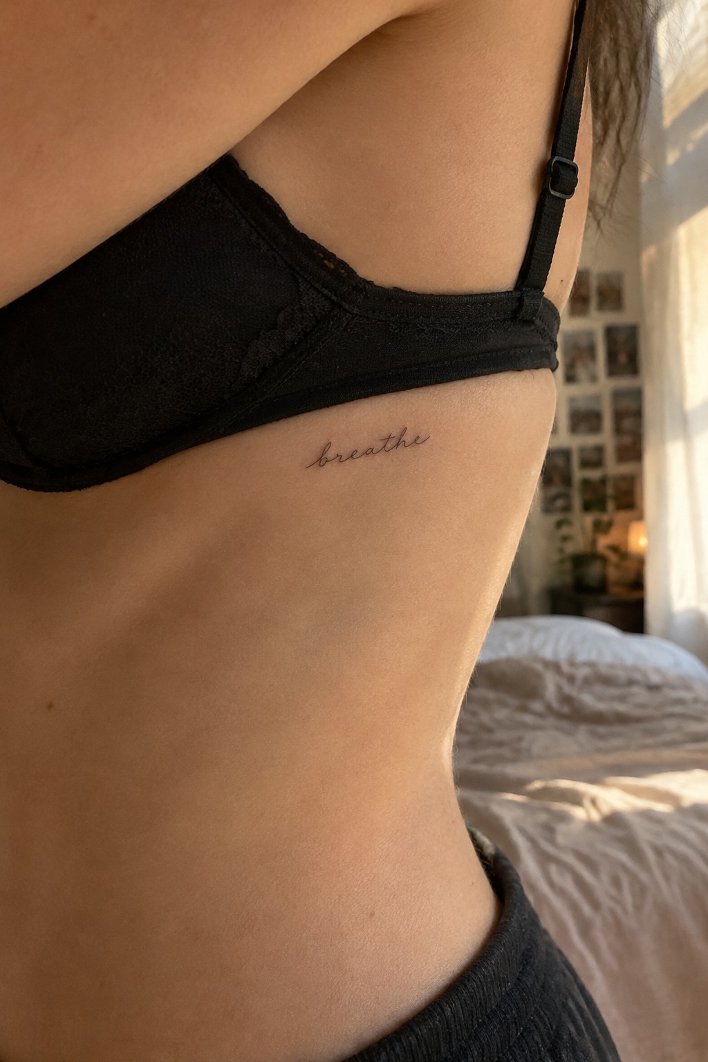 Small cursive tattoo of the word breathe on the upper ribcage area below a black bra strap.