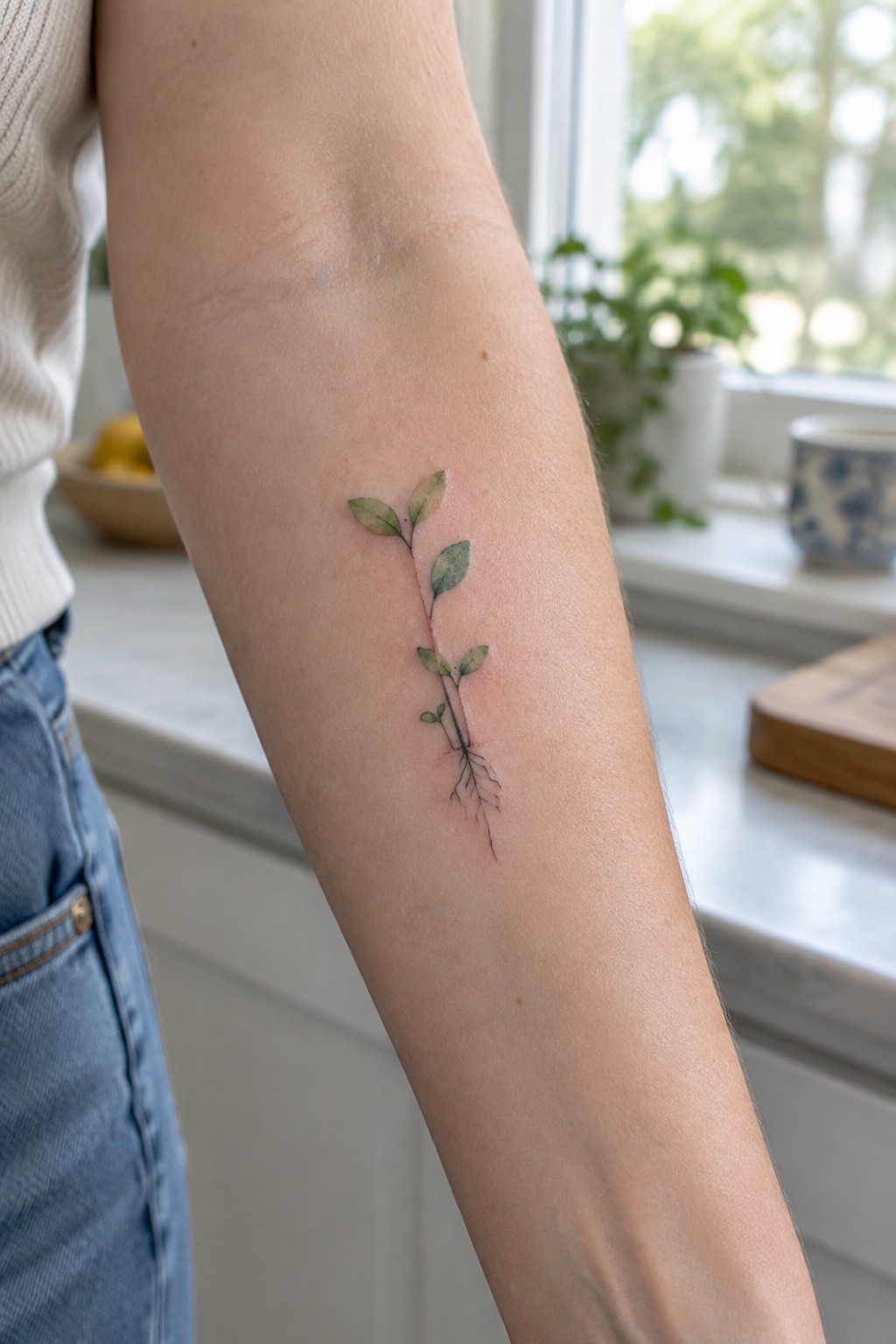 A small watercolor plant tattoo with visible roots on the inner forearm