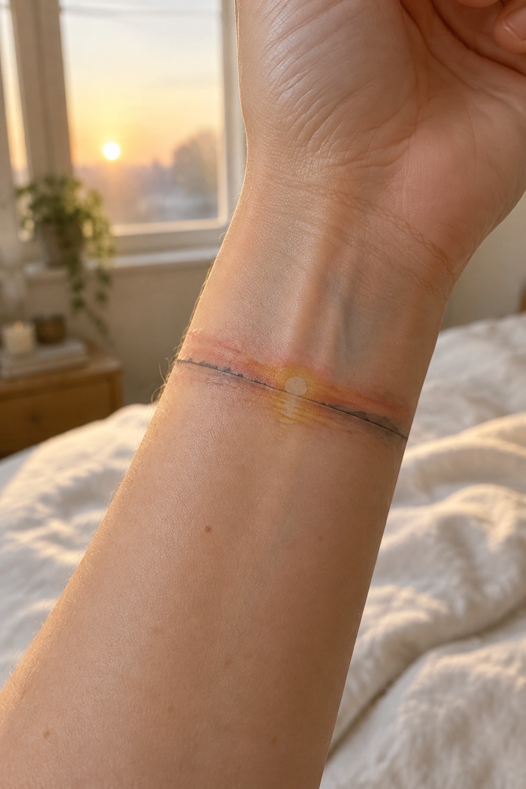 Wrist with sunset tattoo in orange, yellow, and black horizon lines with white sun