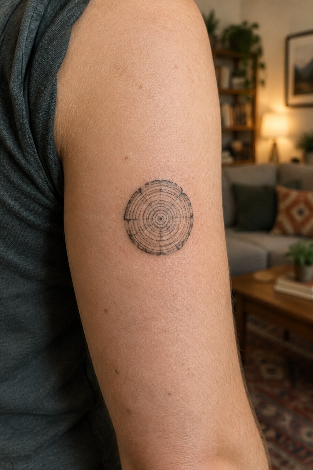 Small dotwork tattoo of tree growth rings on the upper arm showing concentric circles in black ink