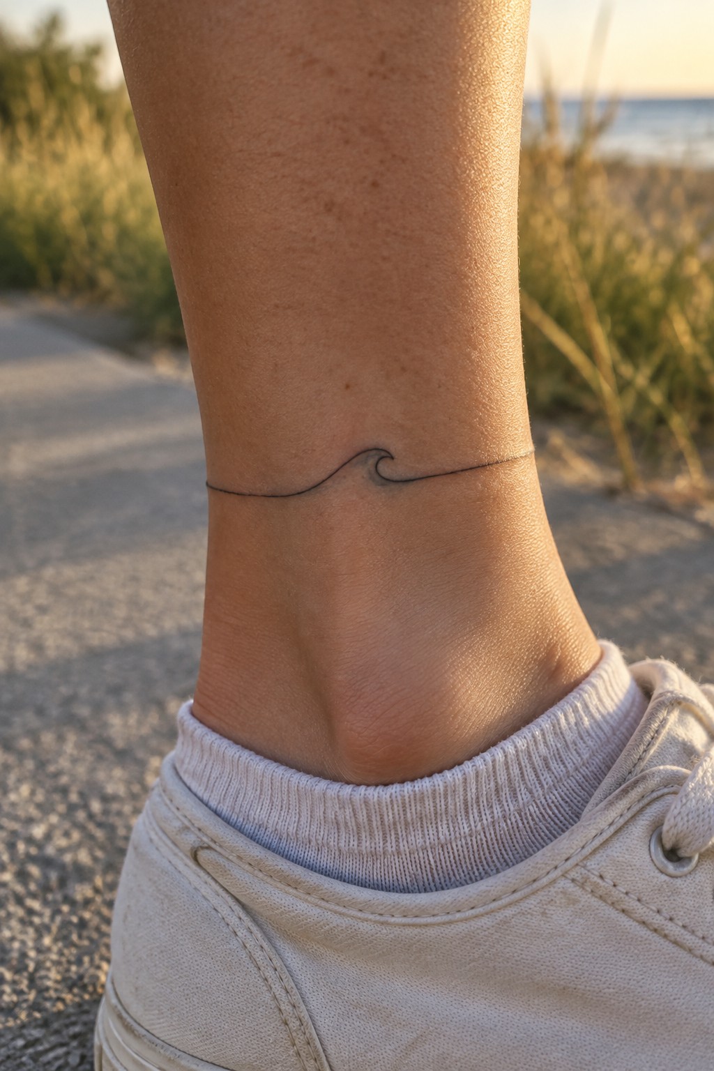 Wave tattoo on ankle above white sock and sneaker on beach at sunset