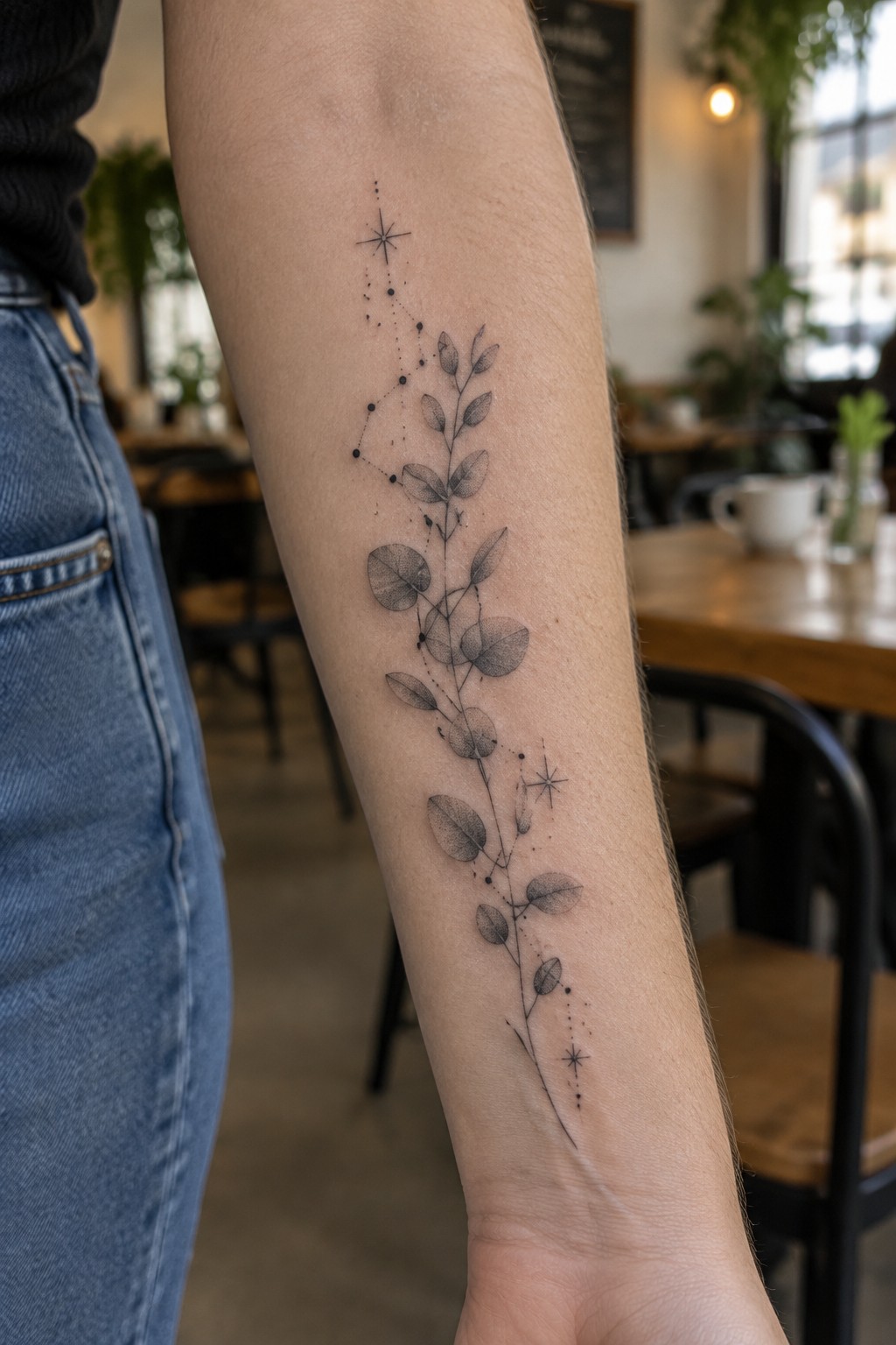 Fine-line leafy branch tattoo with small starbursts and dotted constellation details running along the forearm.