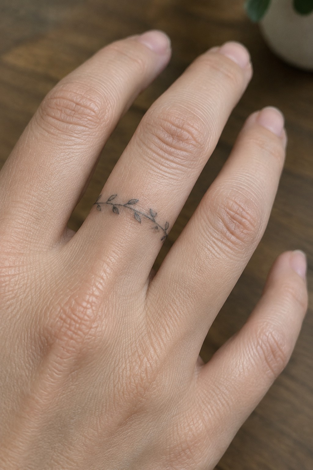 Fine-line black leafy vine tattoo wrapped across the middle finger of a hand.