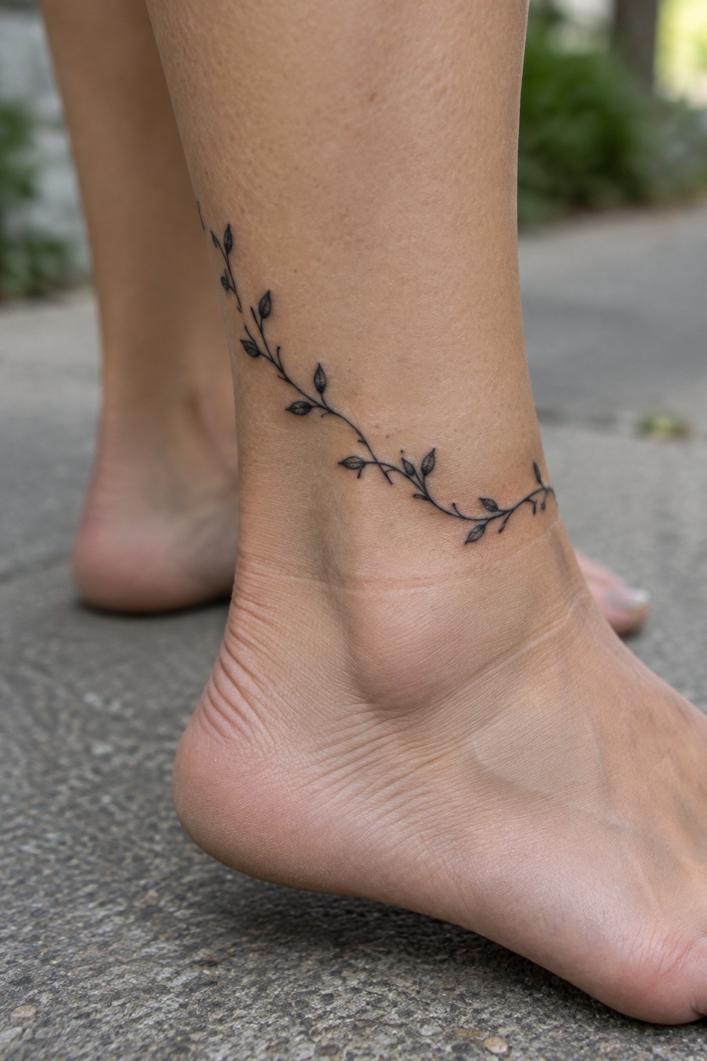 Fine-line black vine tattoo with small leaves curving around a woman’s ankle.