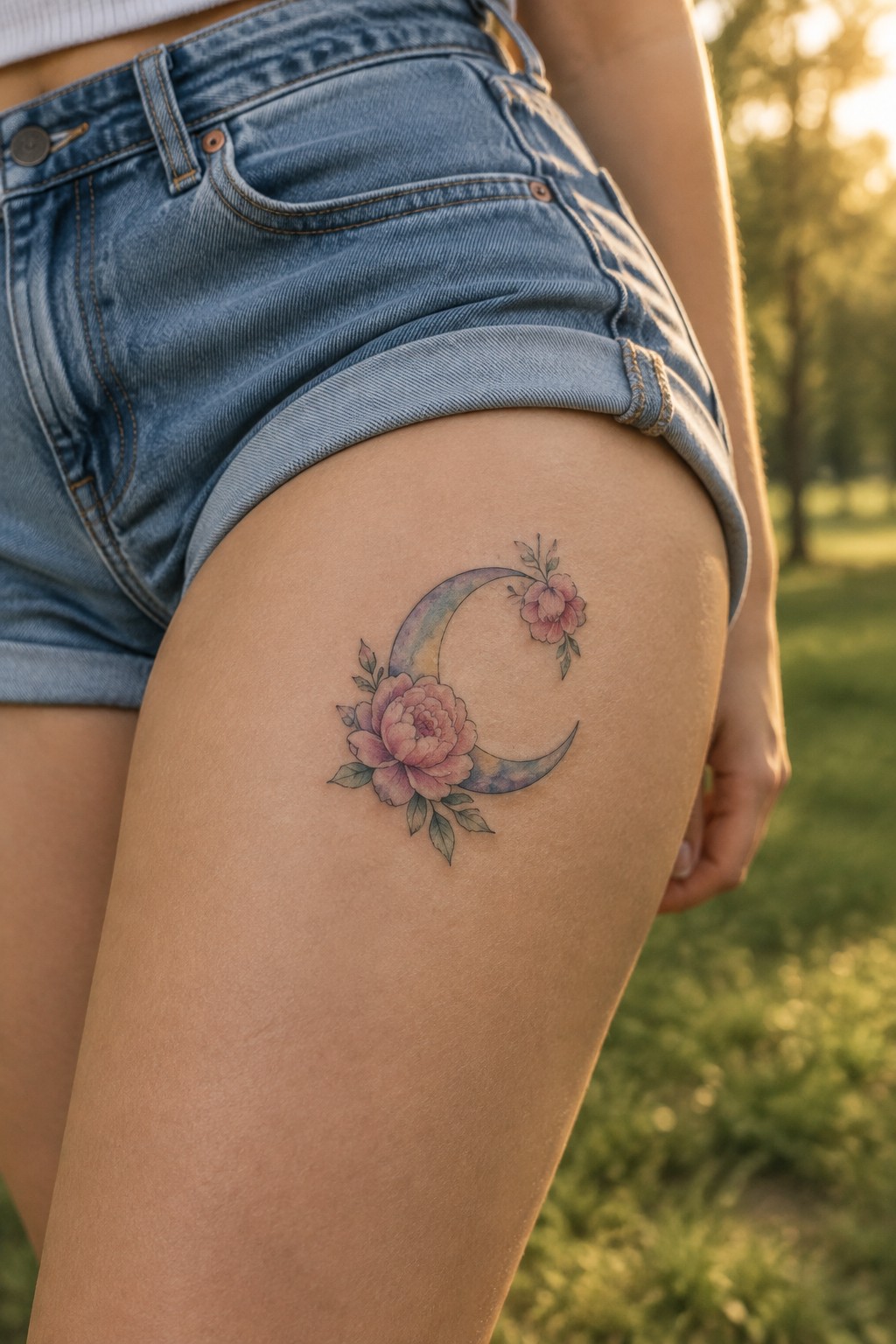 Small crescent moon tattoo with pink flowers and green leaves on the outer thigh beneath rolled denim shorts.