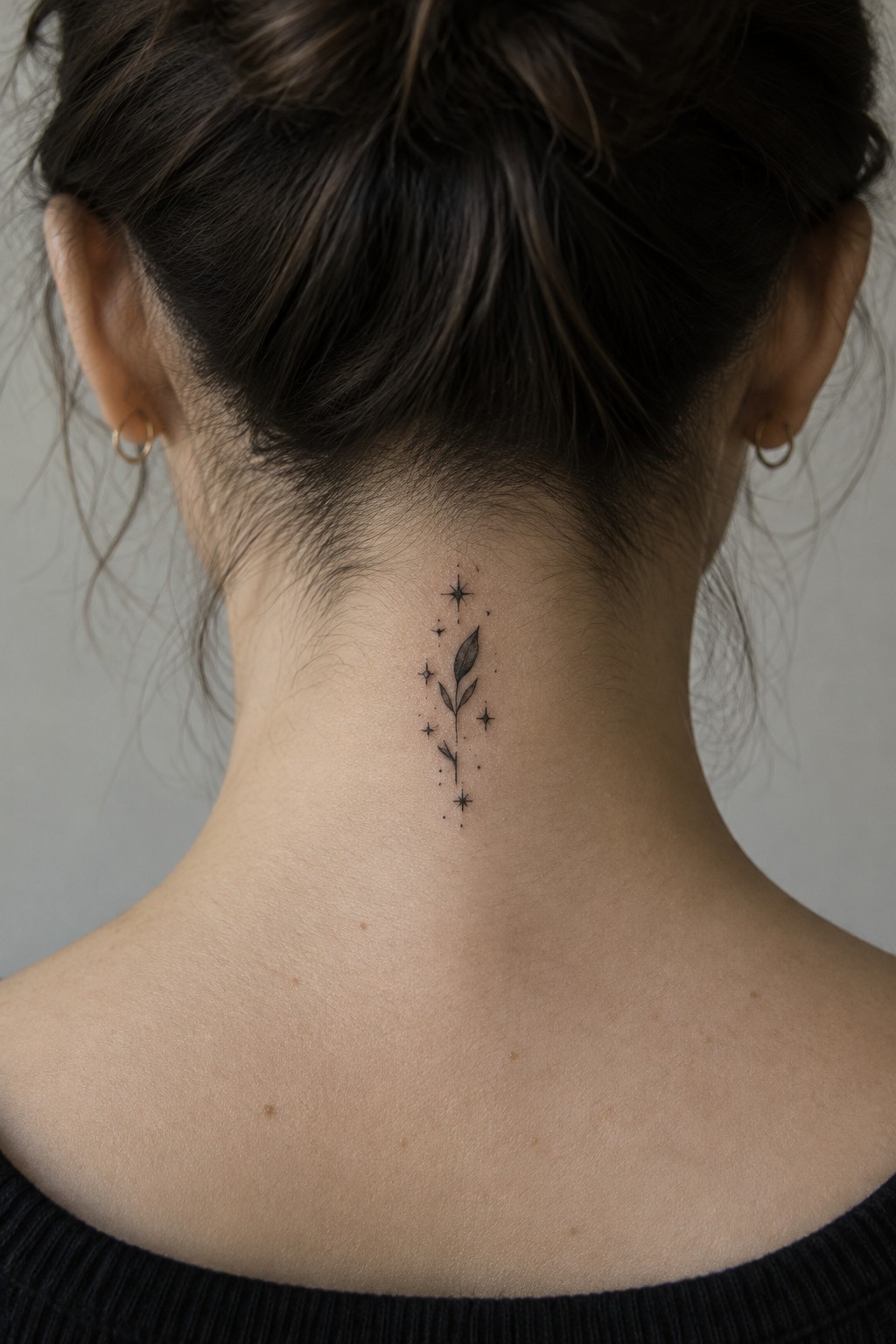 Small fine-line sprig and star tattoo centered on the back of a woman’s neck beneath her hair.