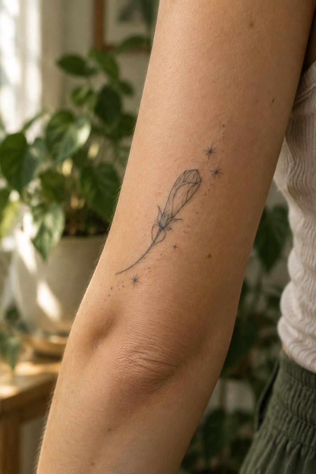 Fine-line feather tattoo with small stars on the inner forearm.