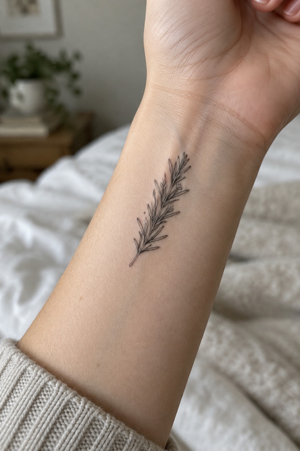 Fine-line black rosemary sprig tattoo placed diagonally on the inner forearm.