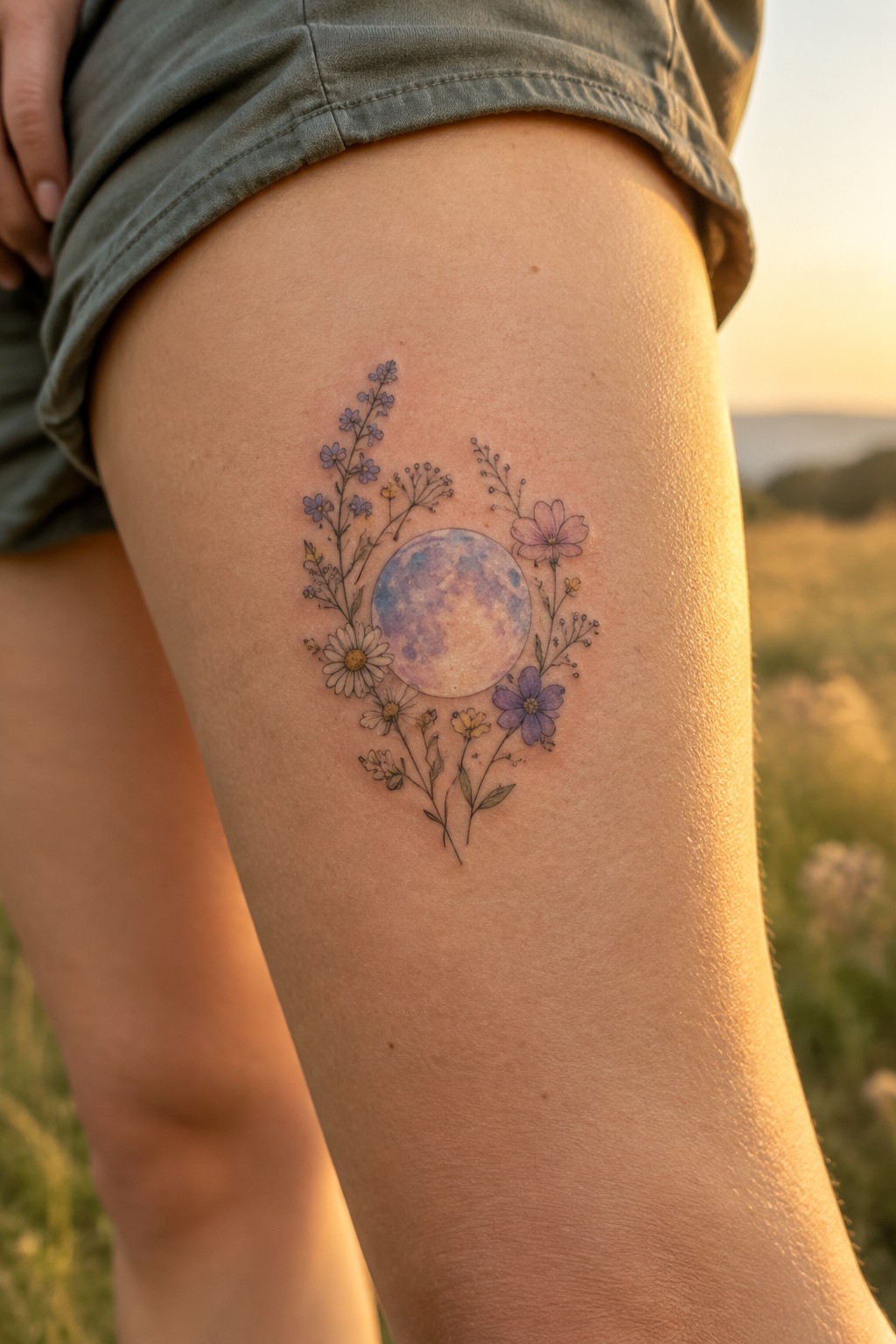 Small watercolor-style moon tattoo surrounded by fine-line flowers and stems on the upper thigh.