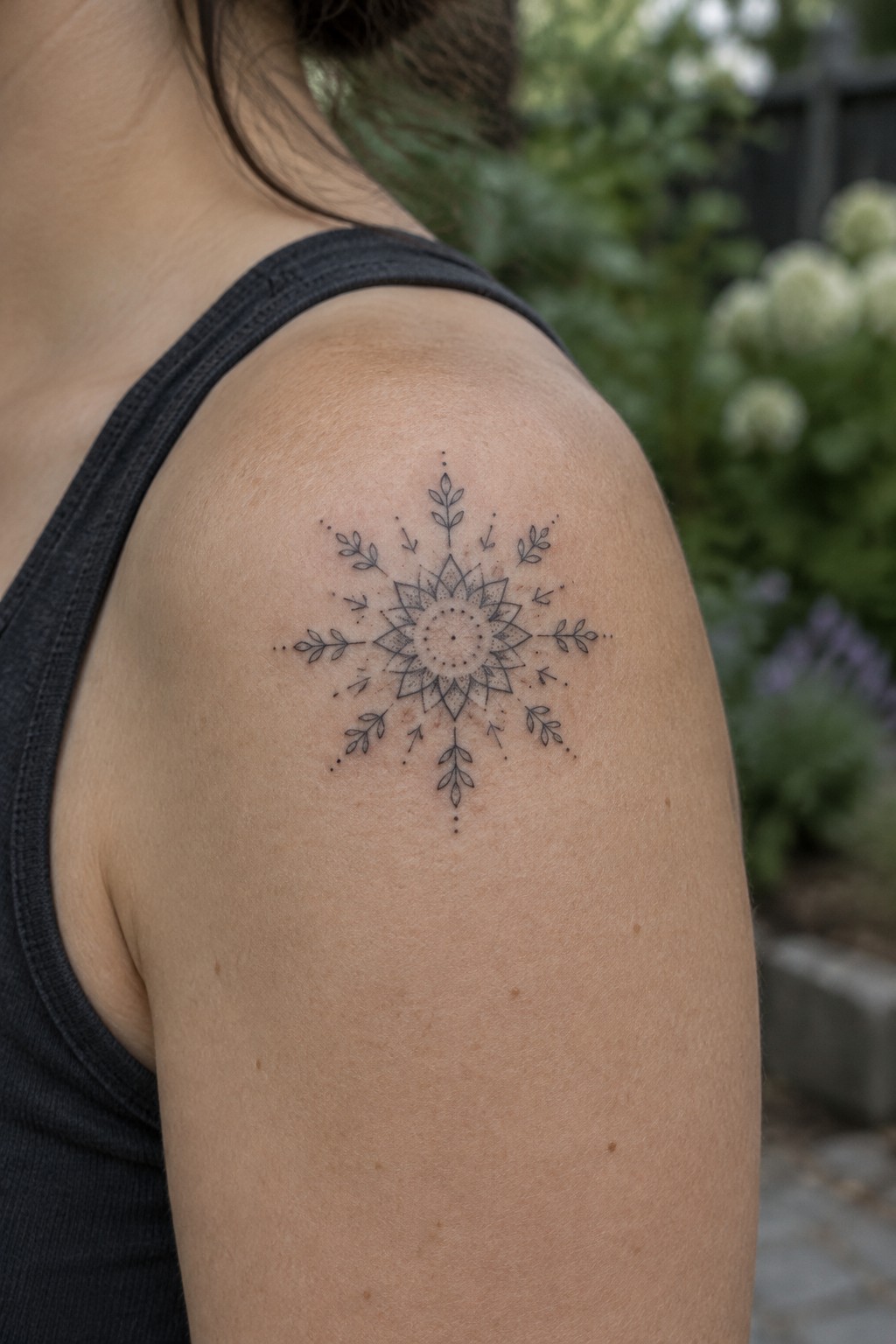 Small fine-line mandala tattoo with leafy details on the upper shoulder.