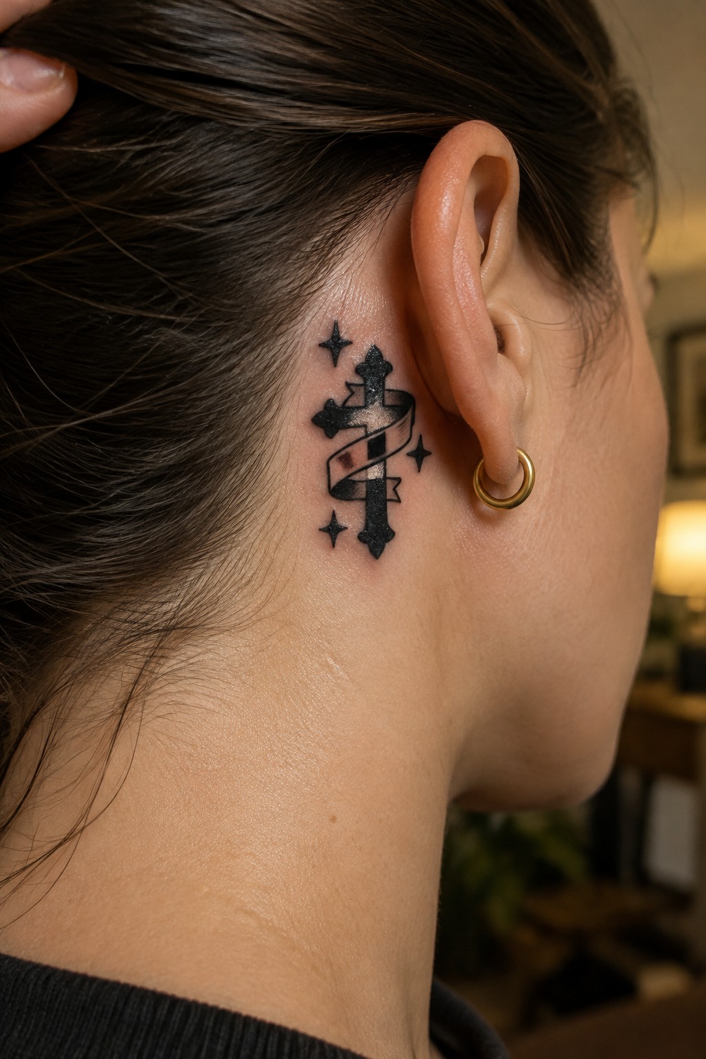 Small black cross tattoo with a wrapped banner and stars placed behind the ear in American traditional style