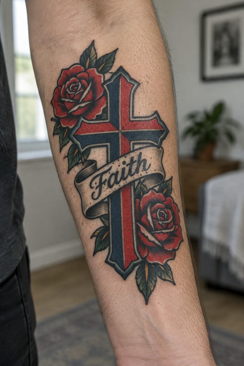 Traditional tattoo of red-blue cross with roses and Faith banner on arm