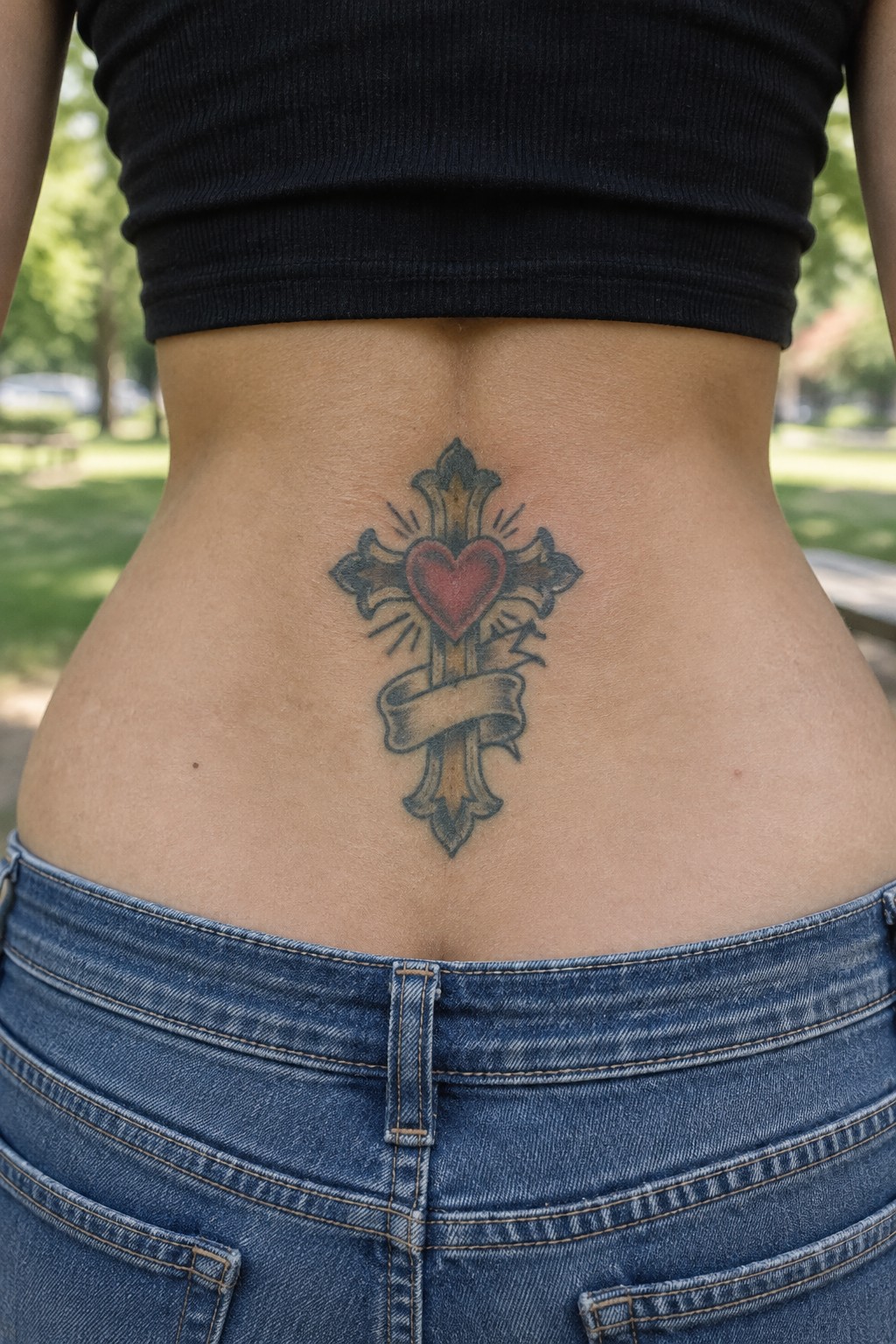 Close up of an American traditional cross tattoo with a red heart and banner on a person's lower back above blue jeans.