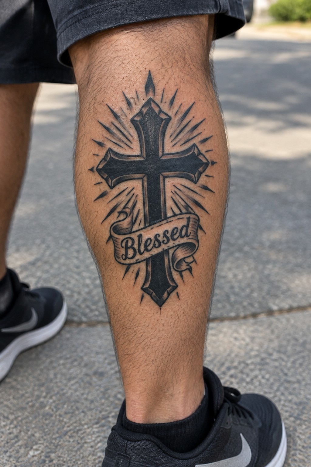 Black cross tattoo with Blessed banner and rays on leg above Nike sneakers