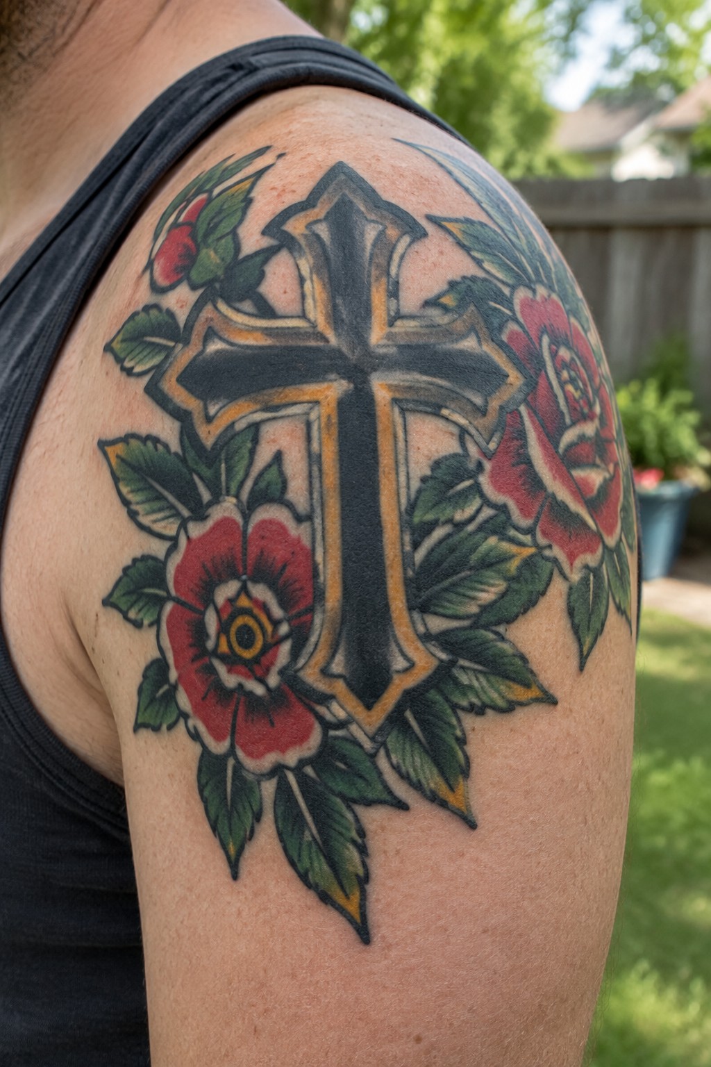 Black cross tattoo with yellow outline amid red roses and green leaves on shoulder