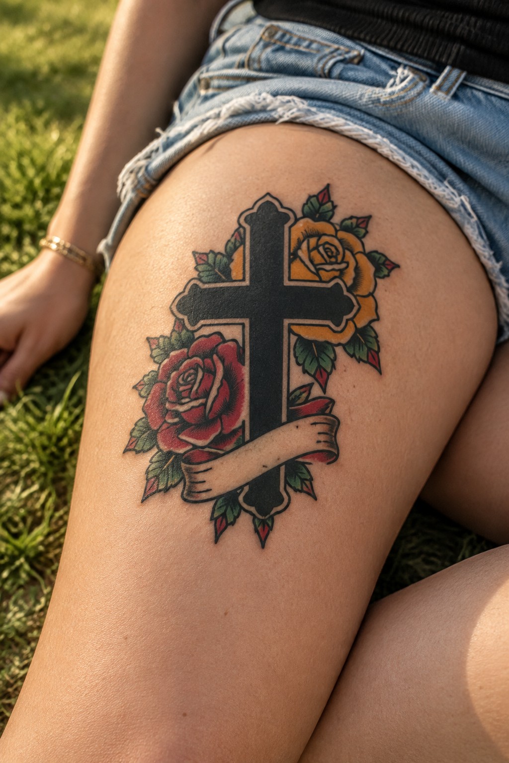 Black cross tattoo with red and yellow roses on thigh in denim shorts