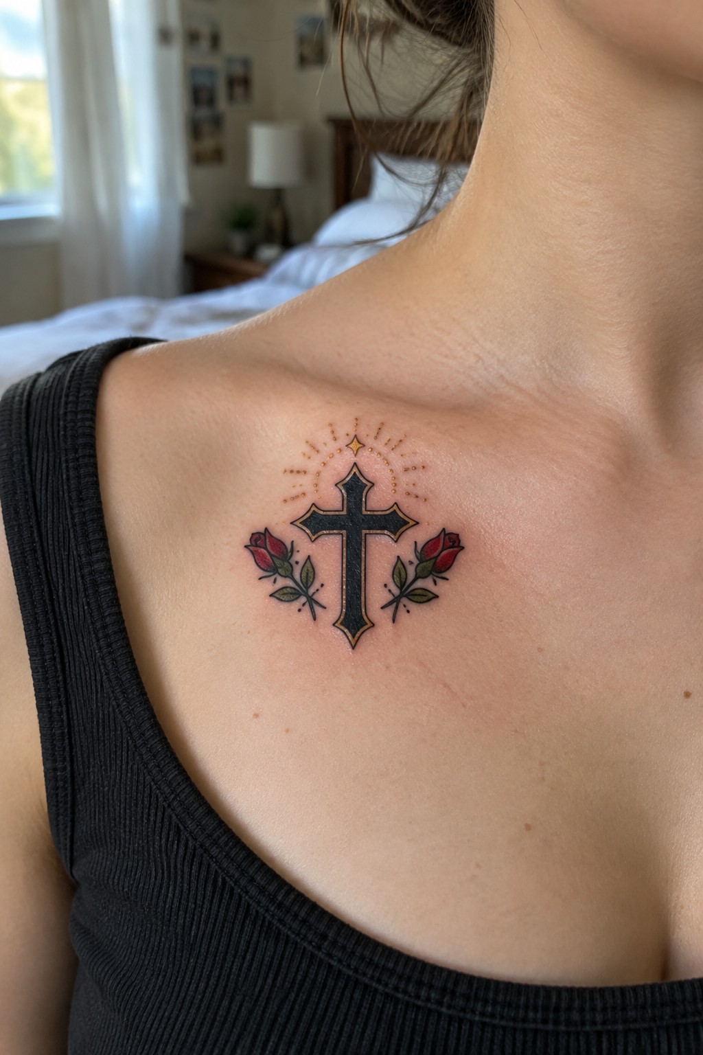 Black tank top with ornate cross tattoo, red roses, and golden sunburst on shoulder