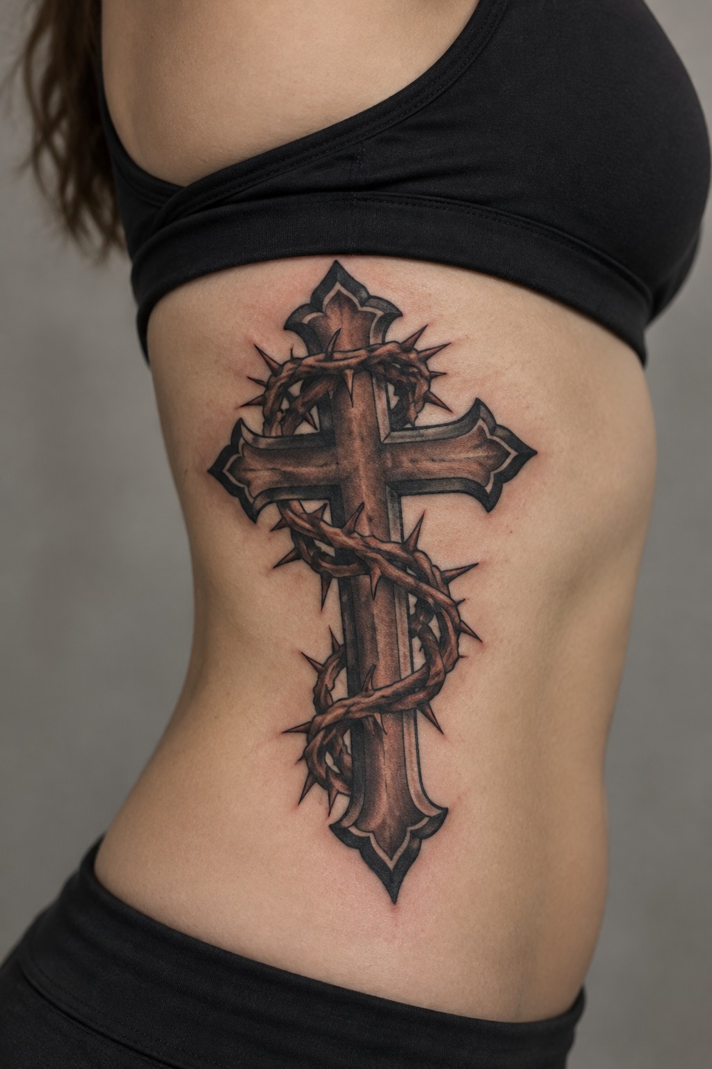 Shaded ornate cross tattoo wrapped in thorns on torso with black top