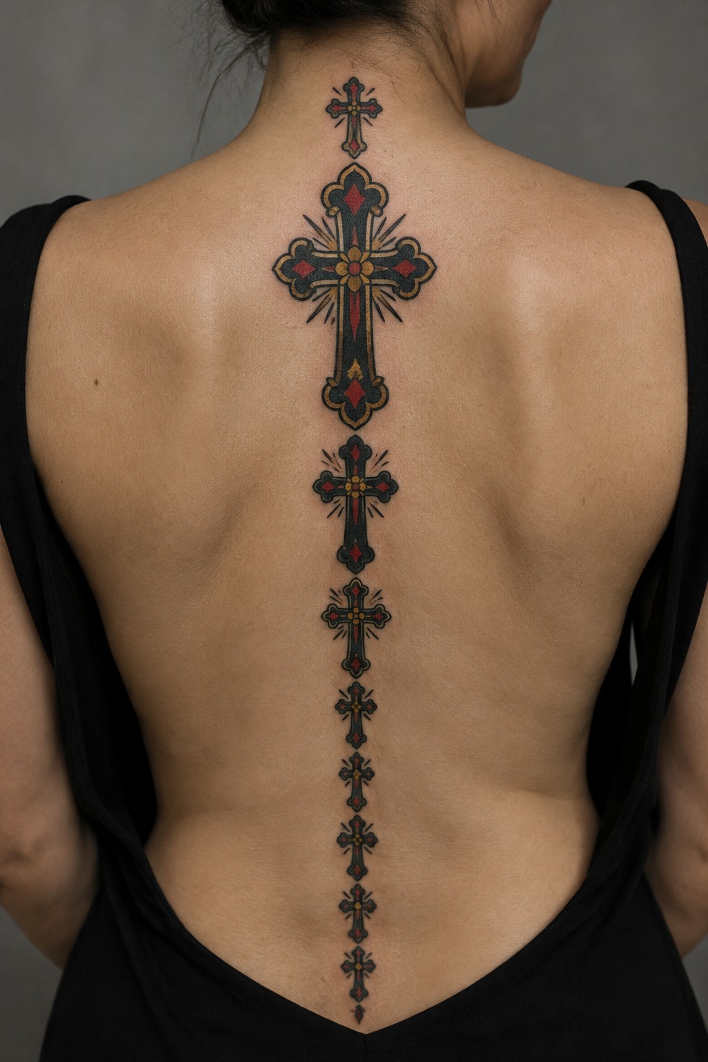 Vertical American Traditional cross tattoo running down the spine with multiple bold designs in black, red, and yellow.