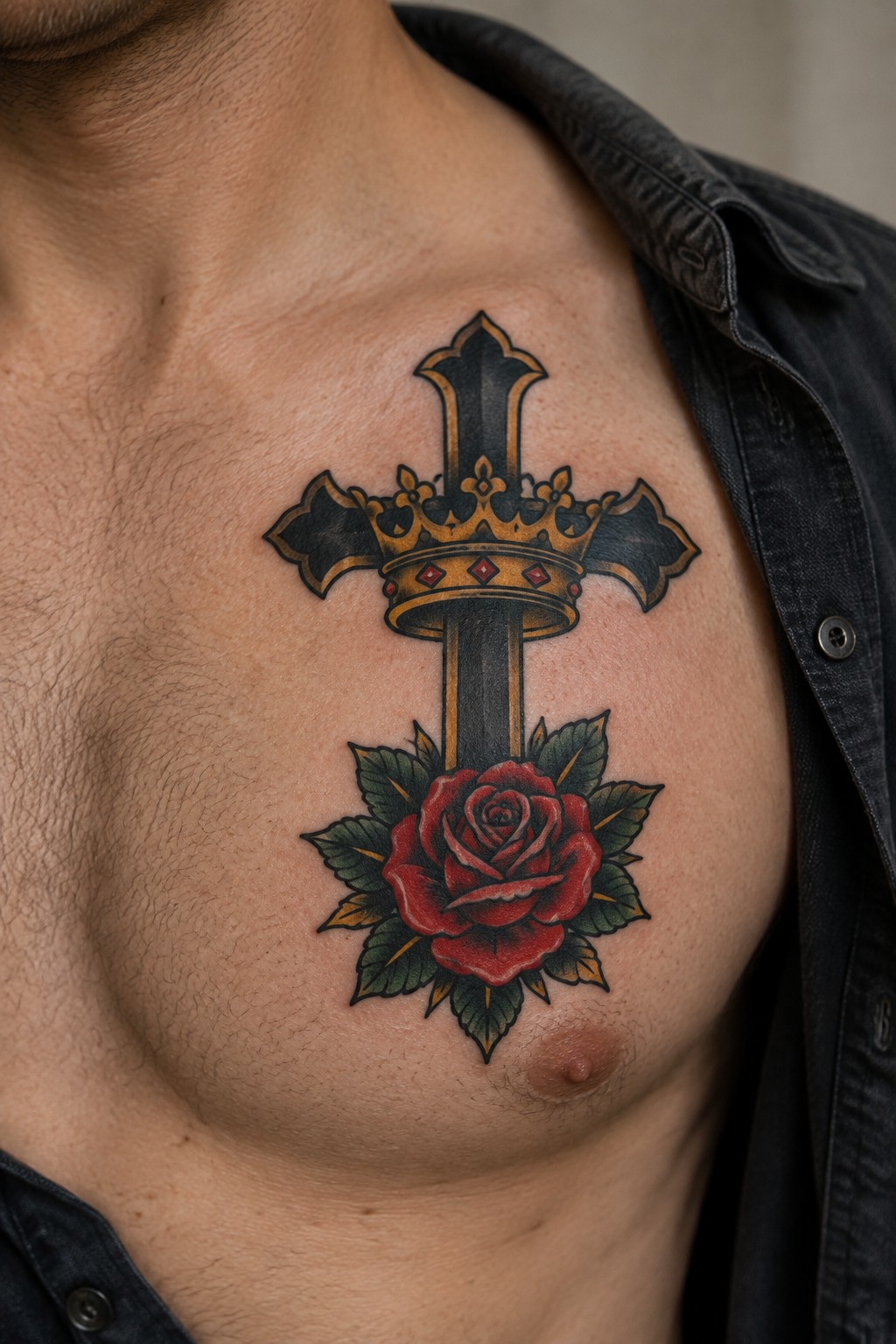 Traditional American style tattoo of a black and gold cross with a crown on top and a red rose below, centered on a man's chest.