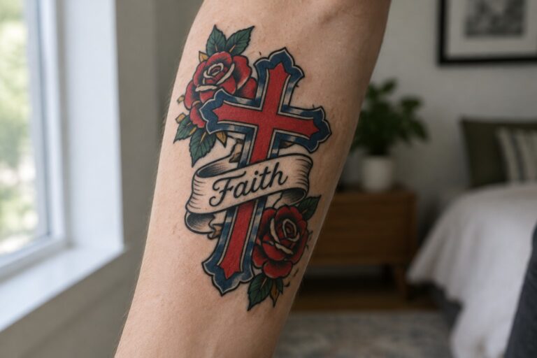 Traditional tattoo of red-blue cross with roses and Faith banner on arm