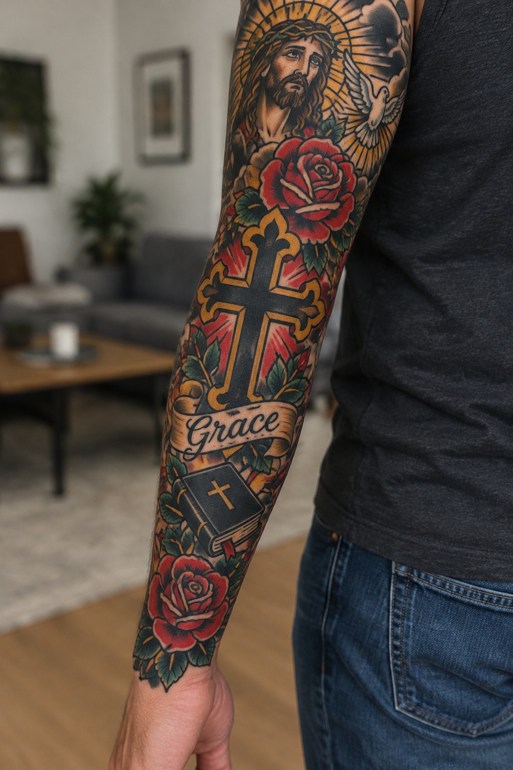 Vibrant religious tattoo sleeve on arm with Jesus, cross, roses, Bible, and Grace banner