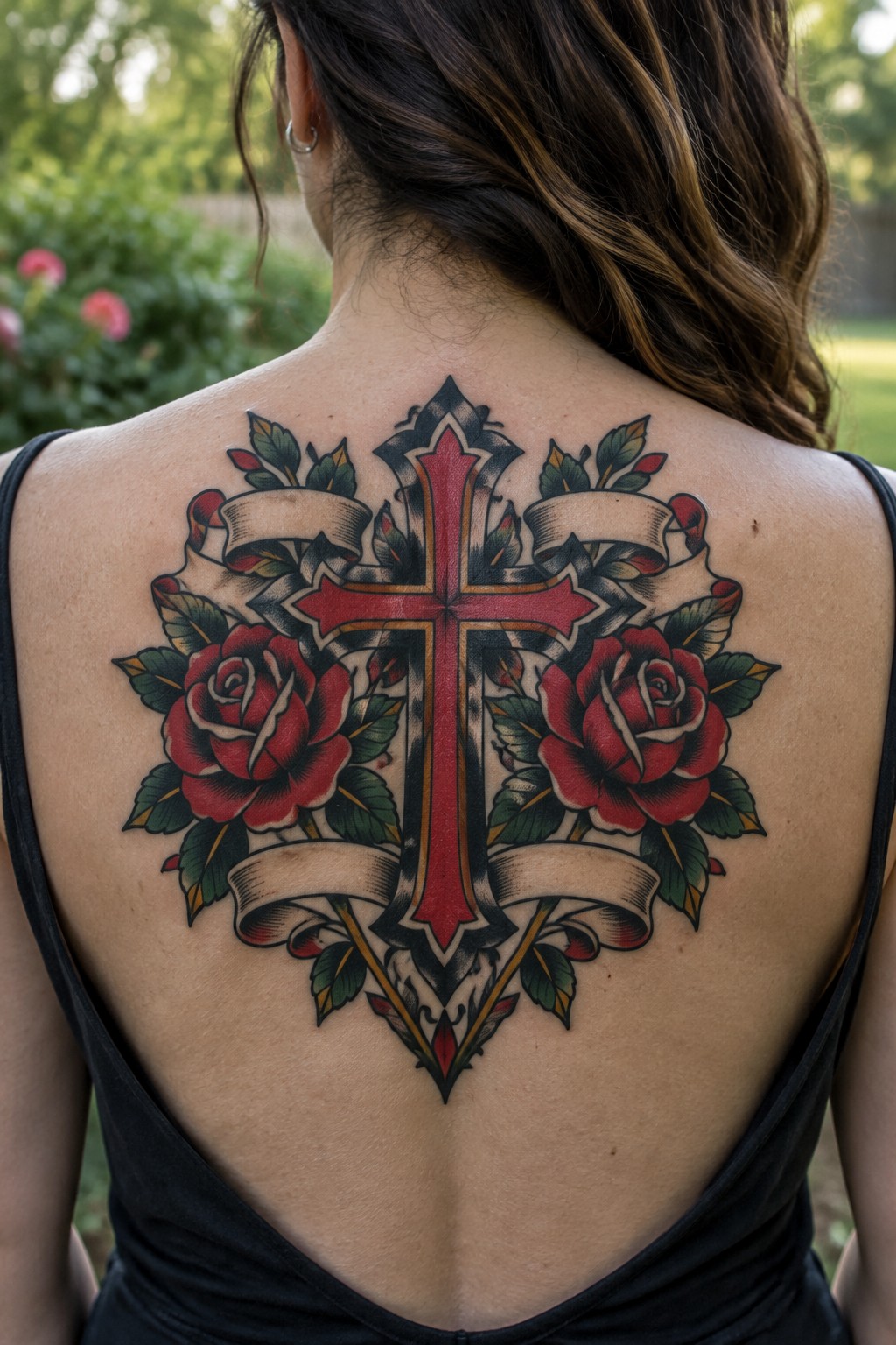 Woman's back with large red cross tattoo, roses, banners, and leaves on black top.