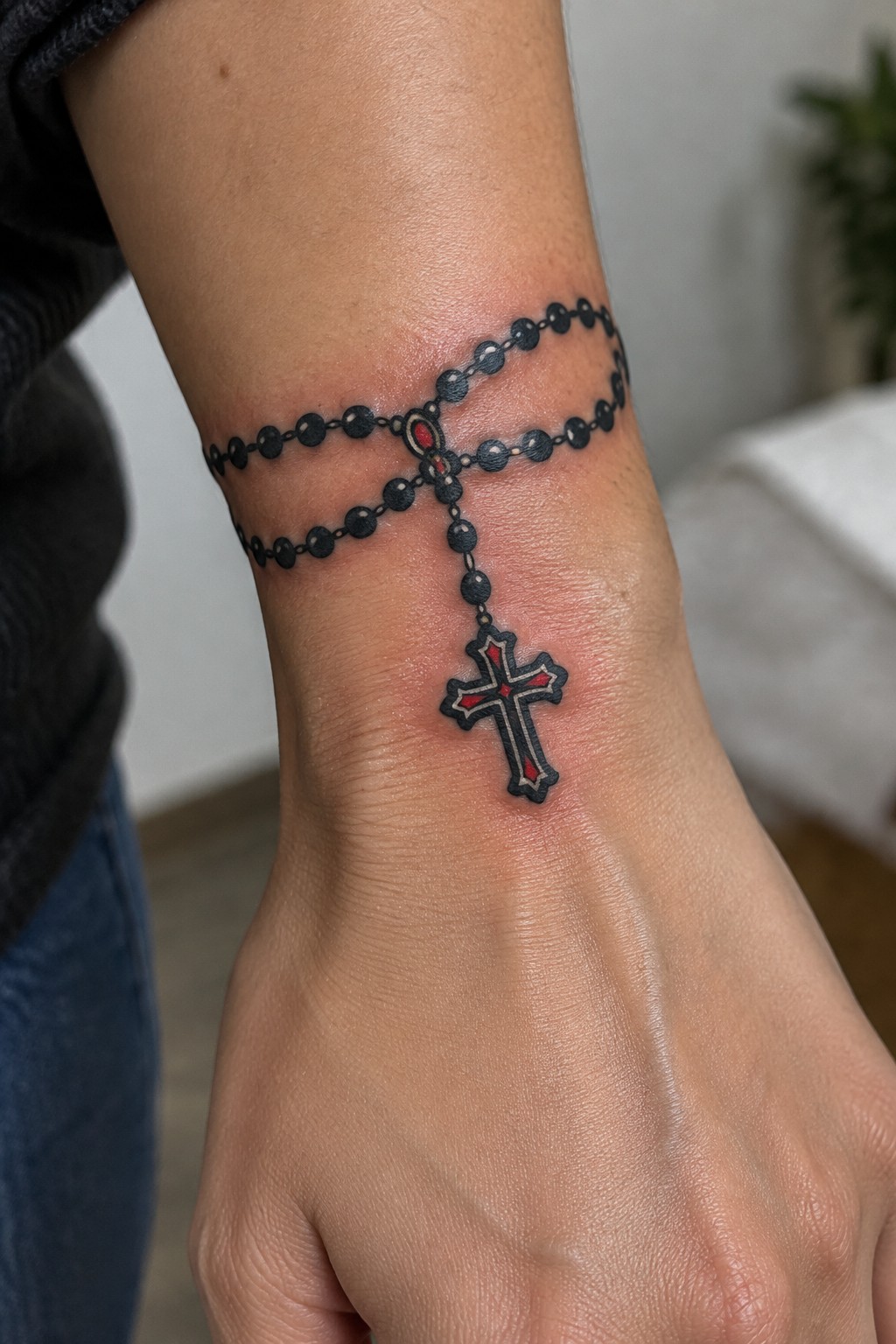 Realistic black rosary tattoo with red accents wrapped around a wrist, cross hanging below the beads.