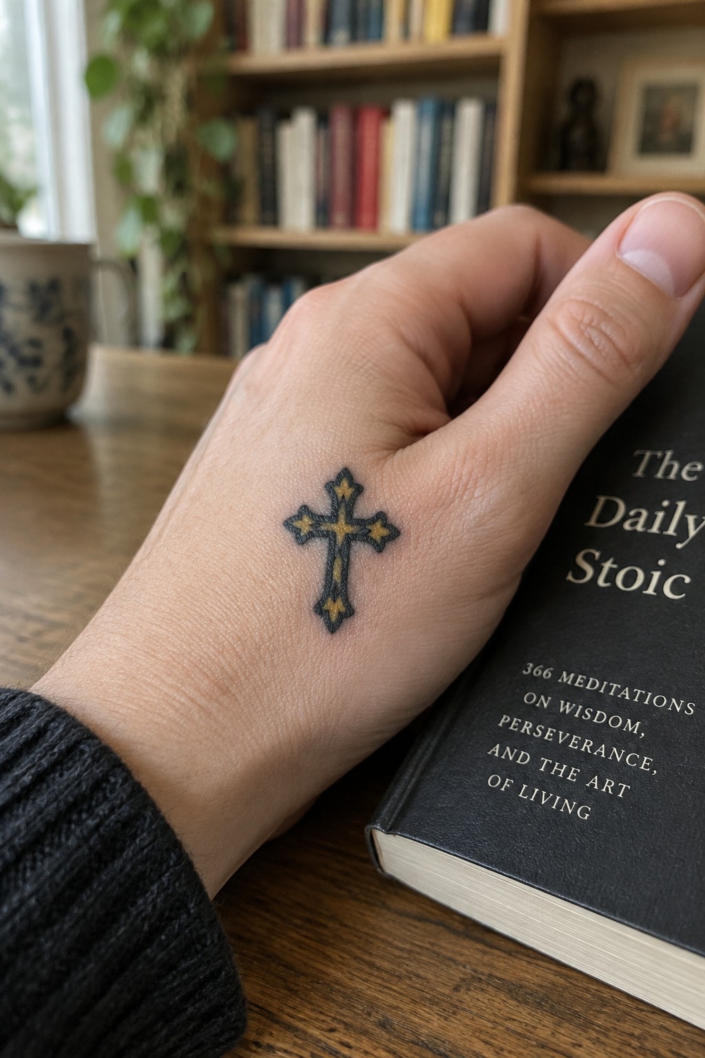 Small American traditional cross tattoo with black outline and yellow accents on the back of a hand next to a book on a wooden table