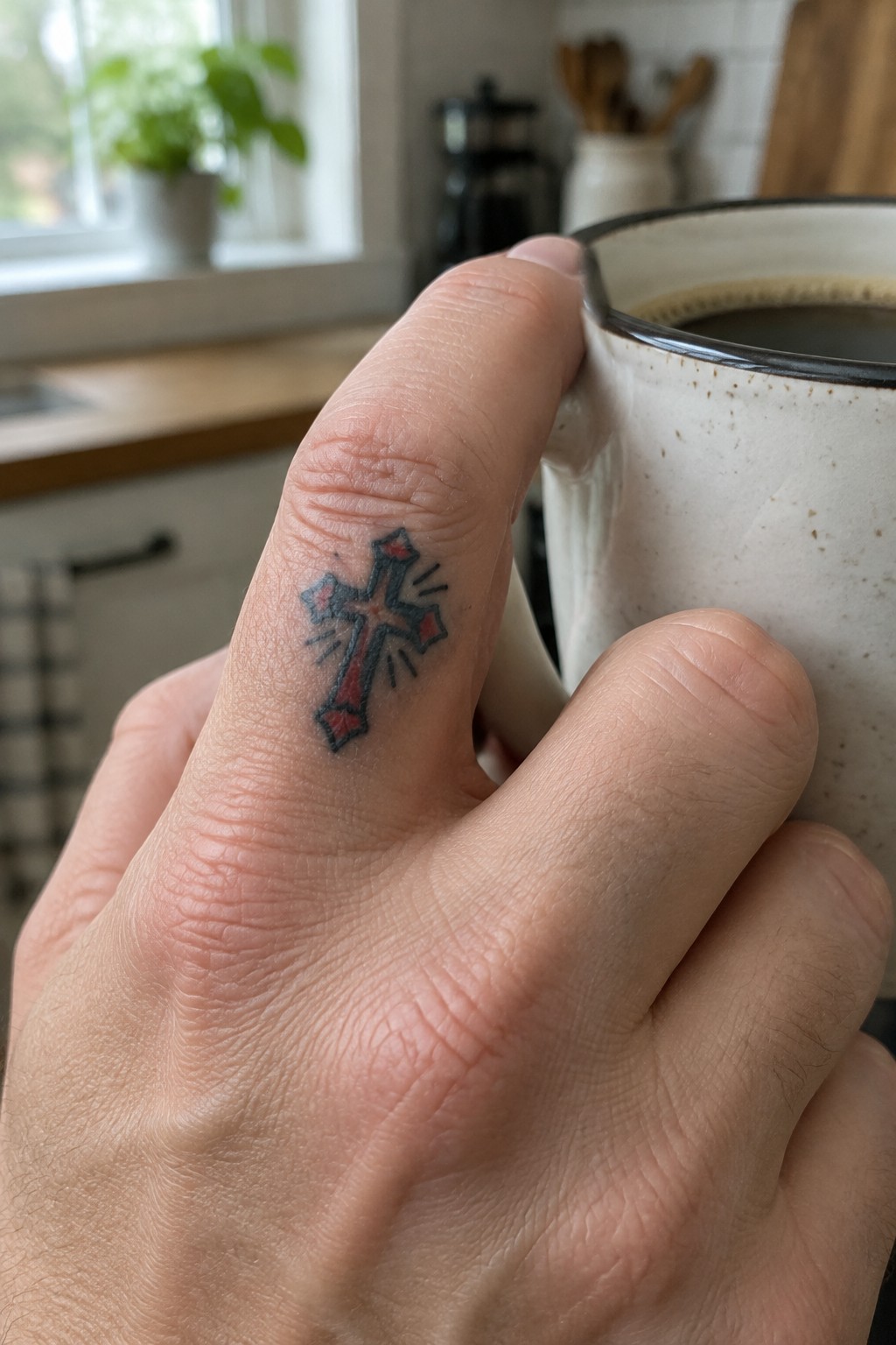 Small American traditional cross tattoo on the side of a finger with bold black outlines and red shading